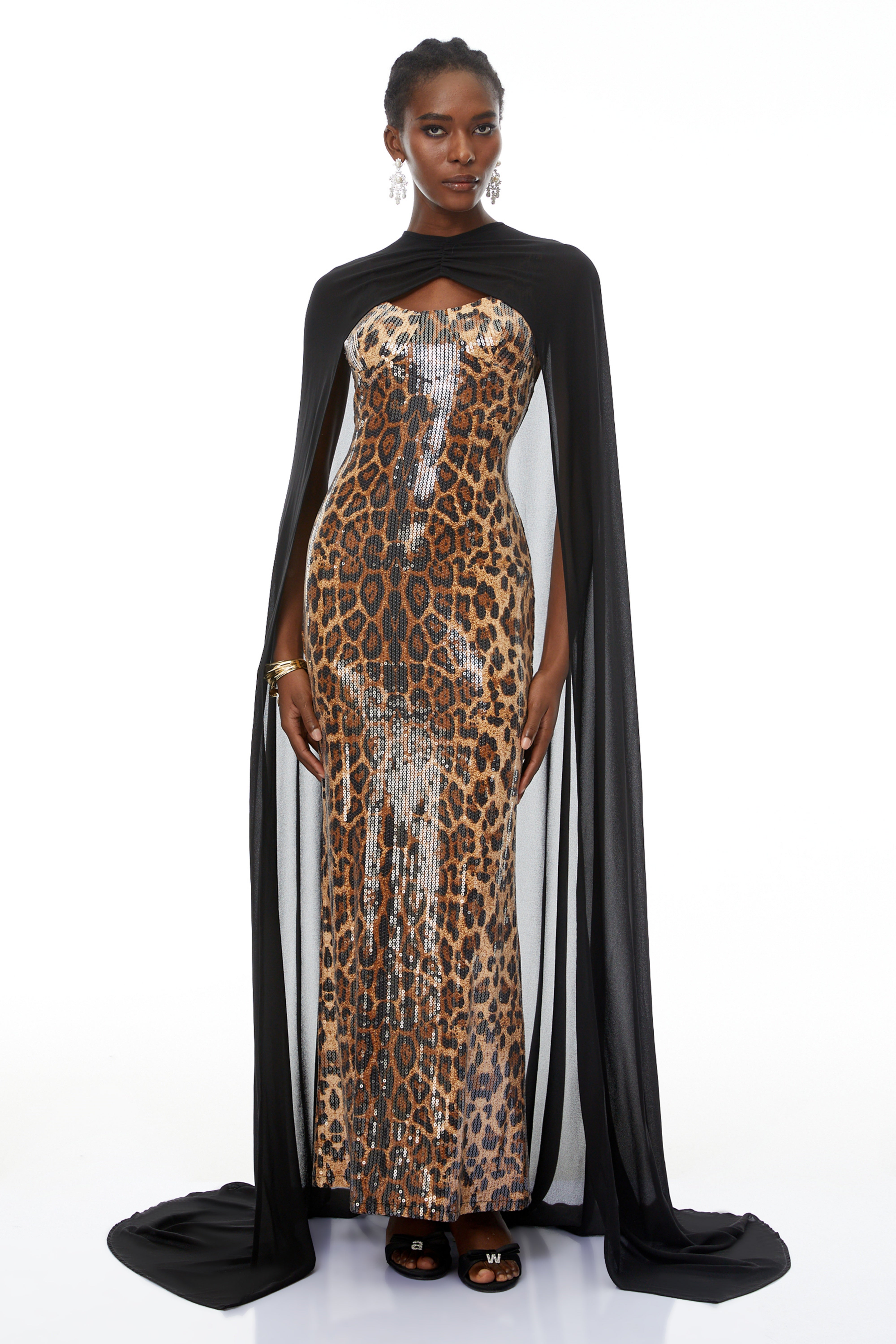Lorenzo Black Cape & Leopard Print Maxi Dress Set (Final Sale-US Only)