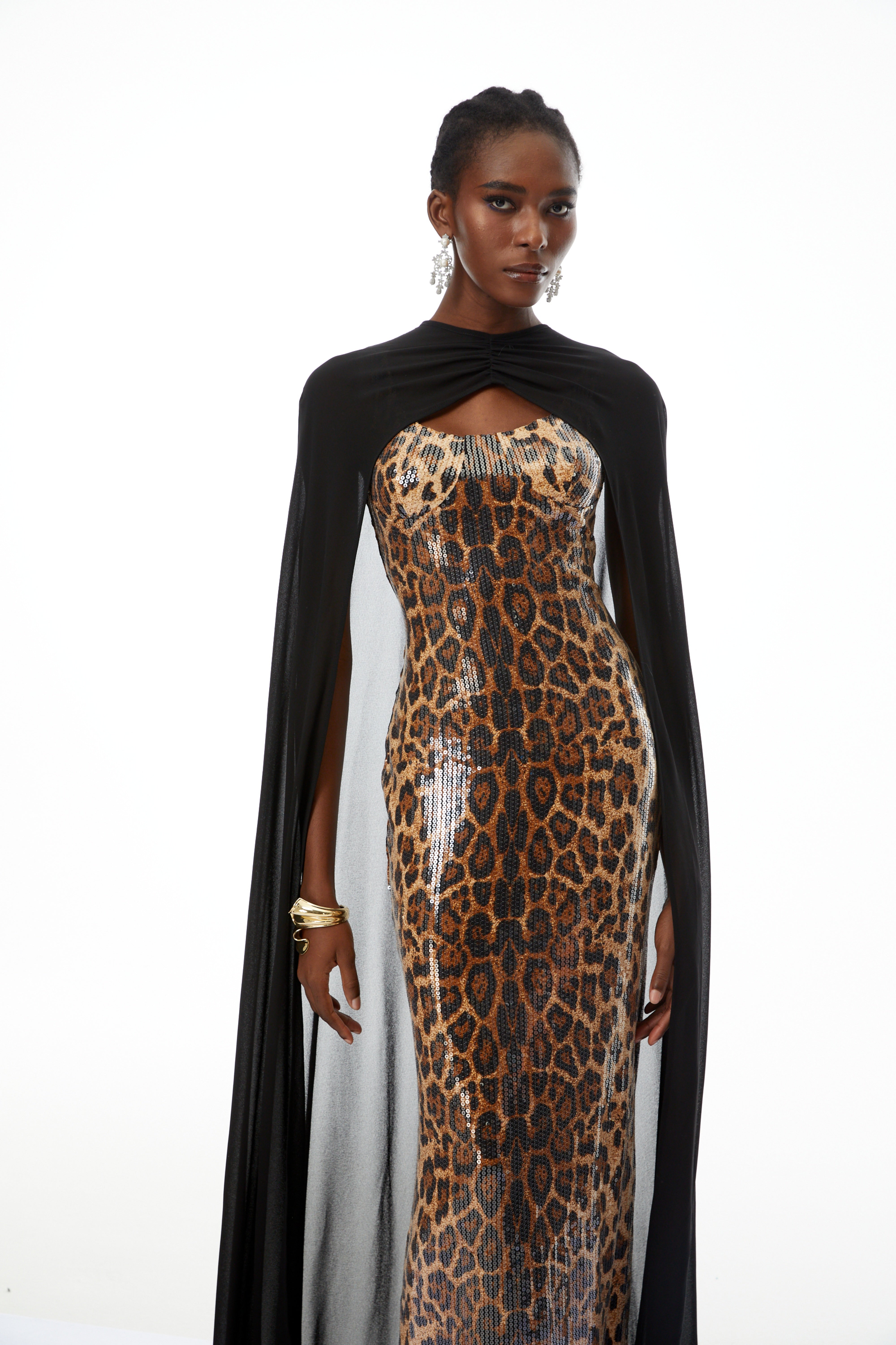 Lorenzo Black Cape & Leopard Print Maxi Dress Set (Final Sale-US Only)
