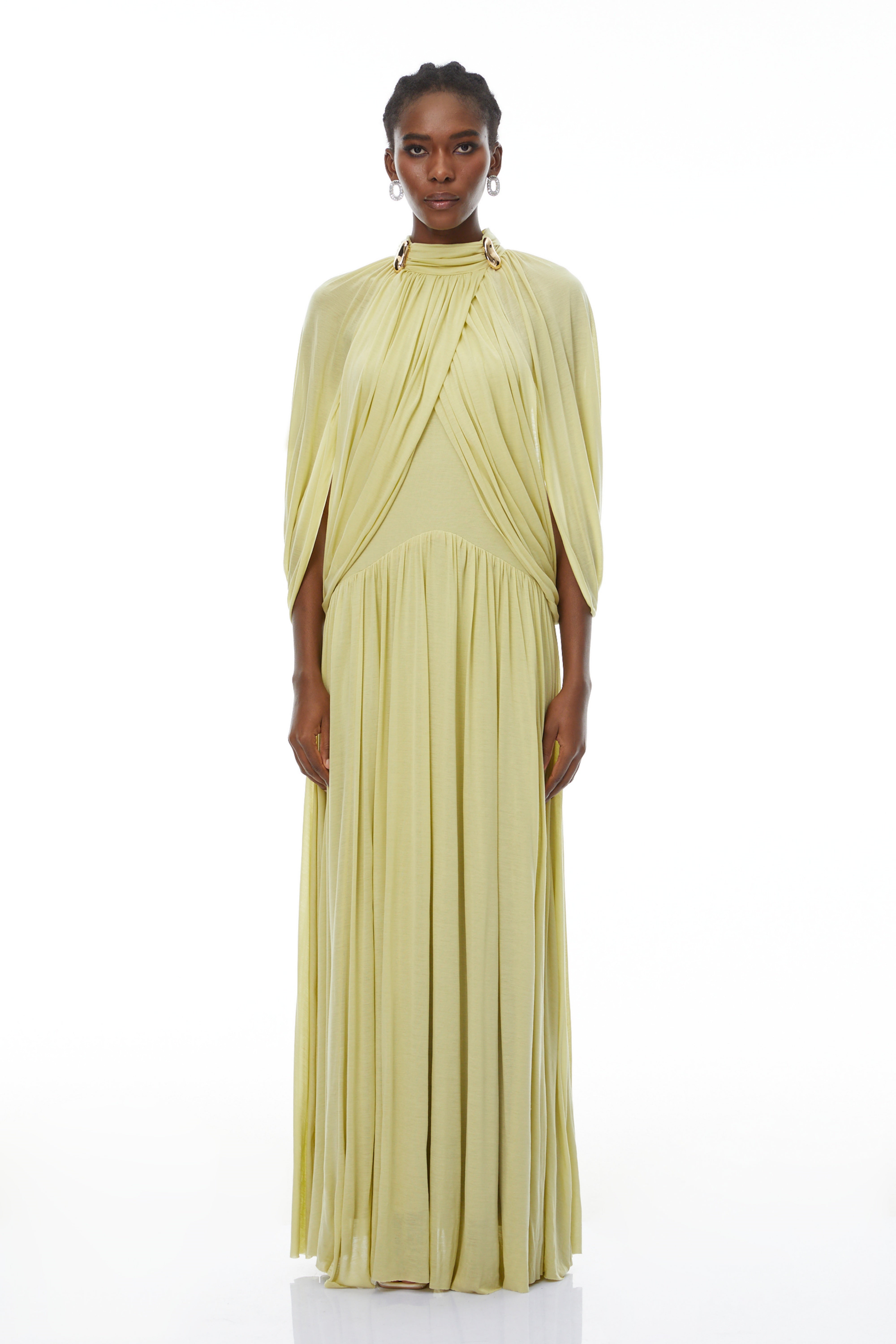 Bergljot Green Cape Design Mesh Maxi Dress (Final Sale-US Only)