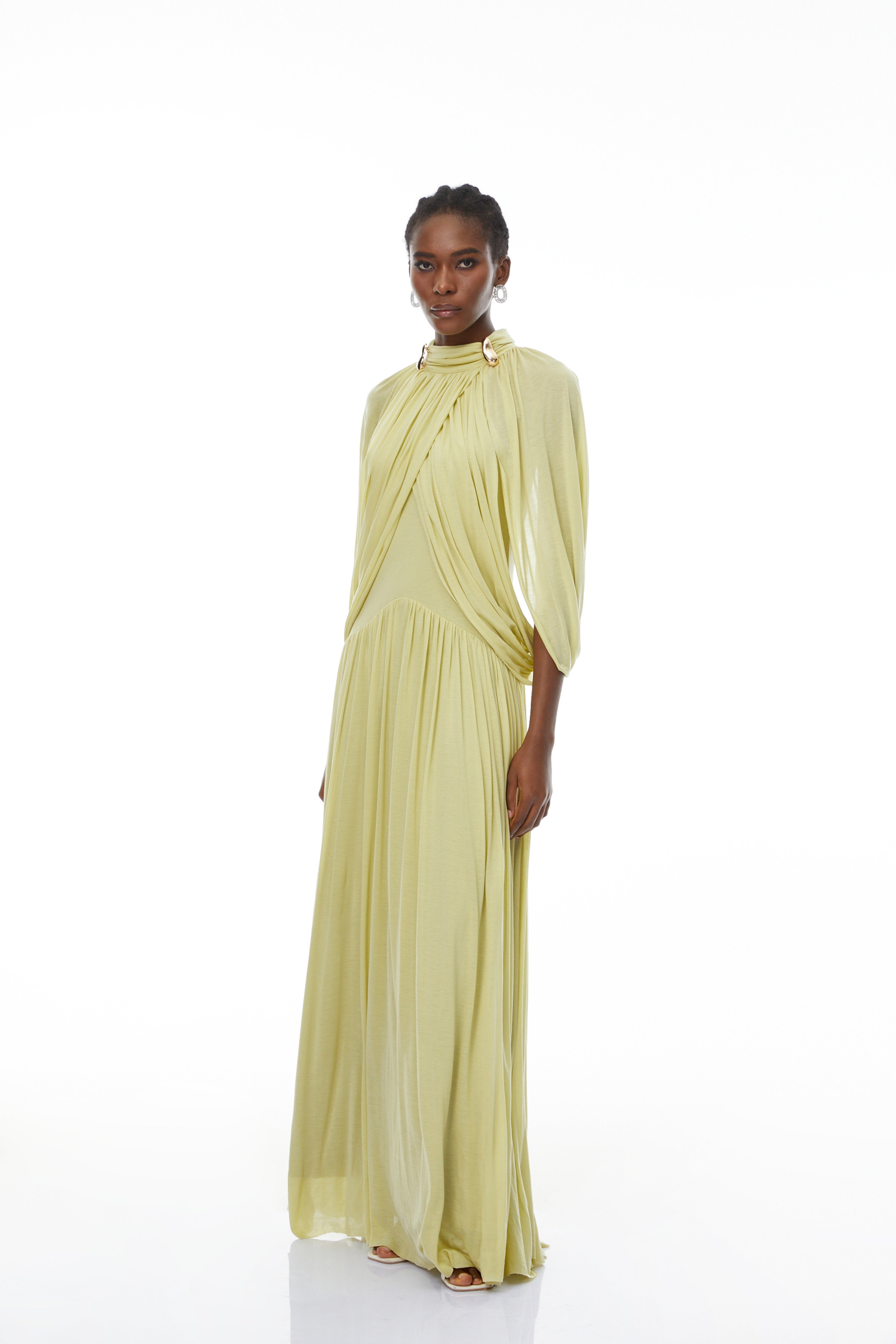 Bergljot Green Cape Design Mesh Maxi Dress (Final Sale-US Only)