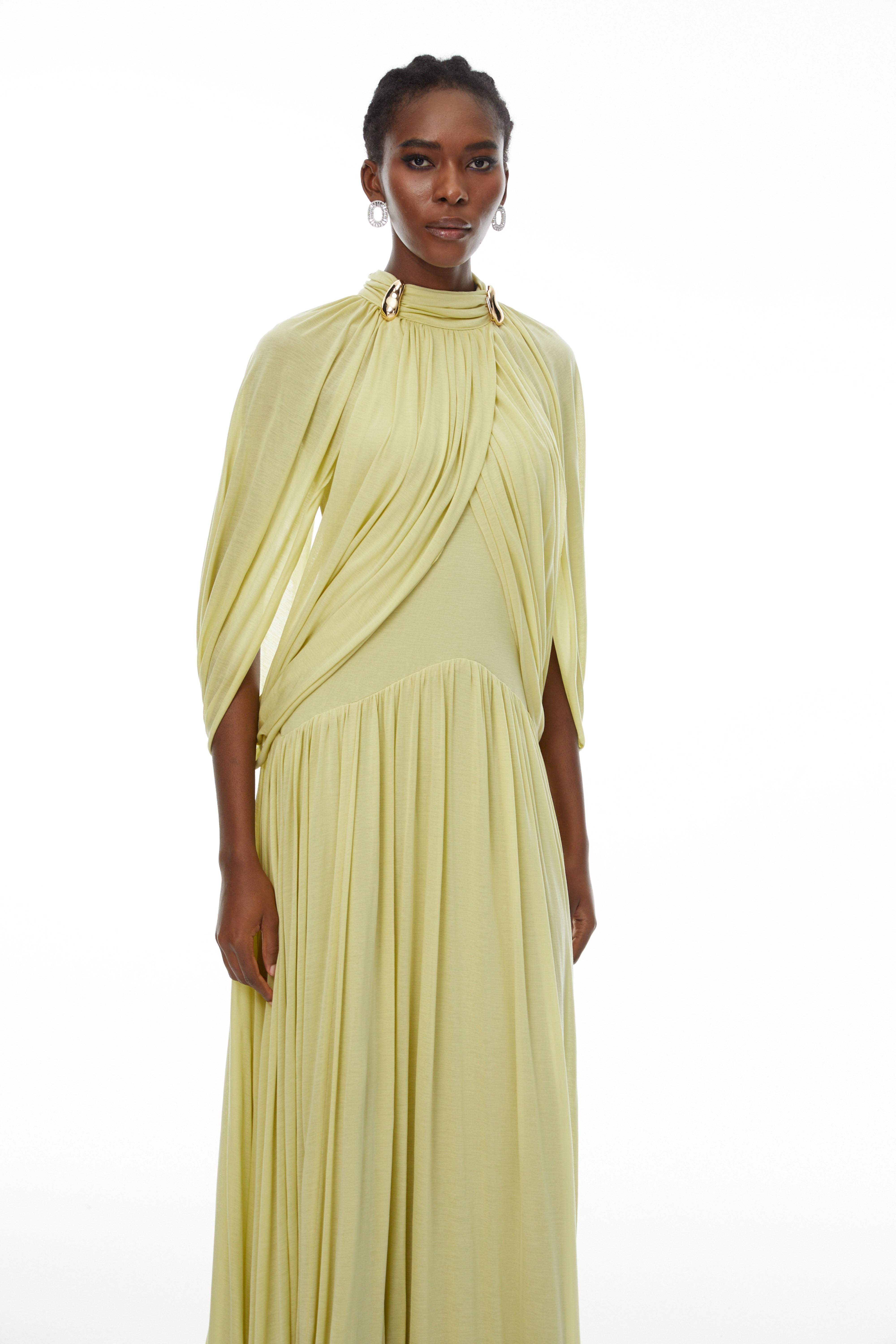 Bergljot Green Cape Design Mesh Maxi Dress (Final Sale-US Only)