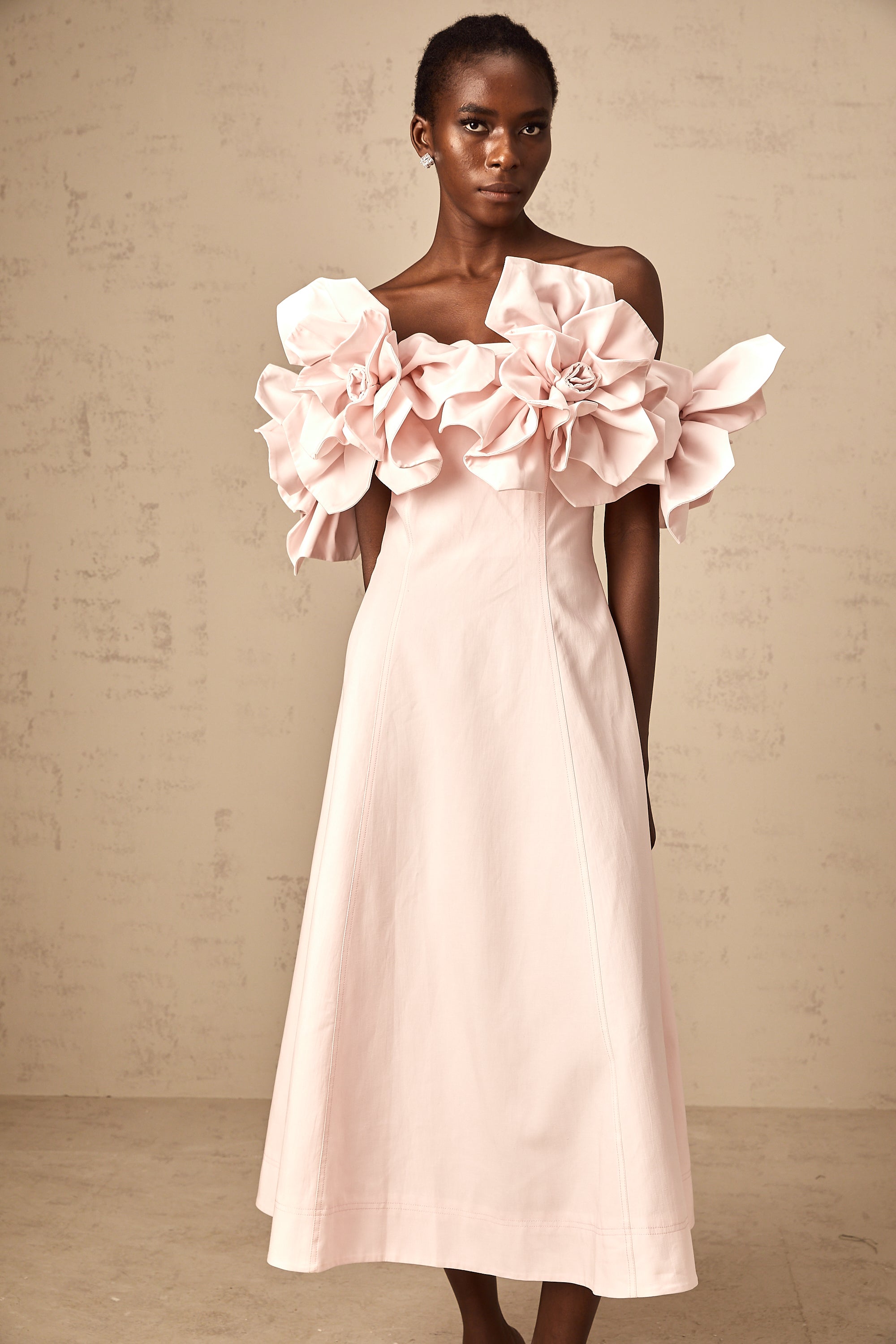 Juliette pink off-shoulder 3D-petal midi dress (Final Sale)