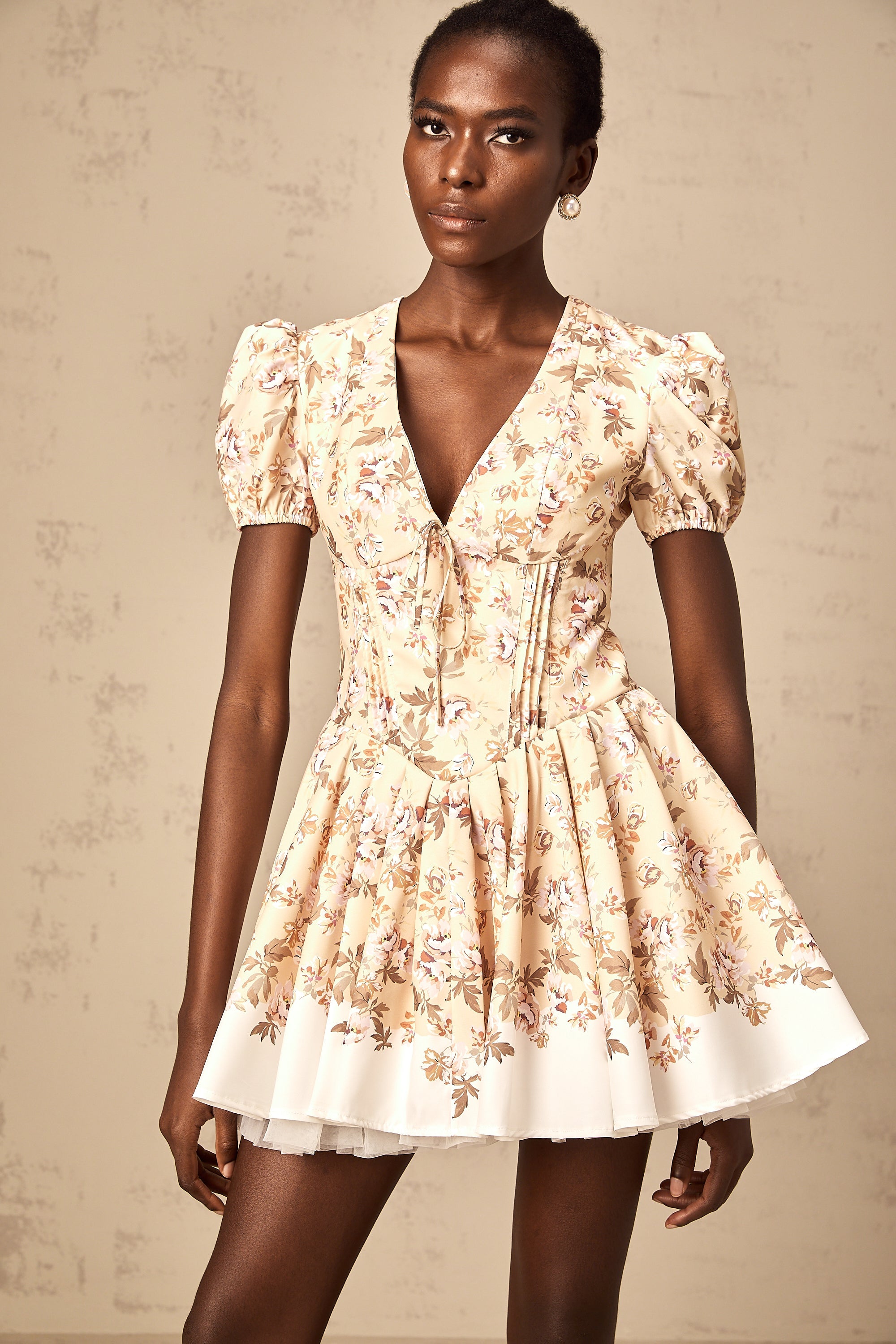 Alizée yellow floral-print pleated mini dress (Final Sale)