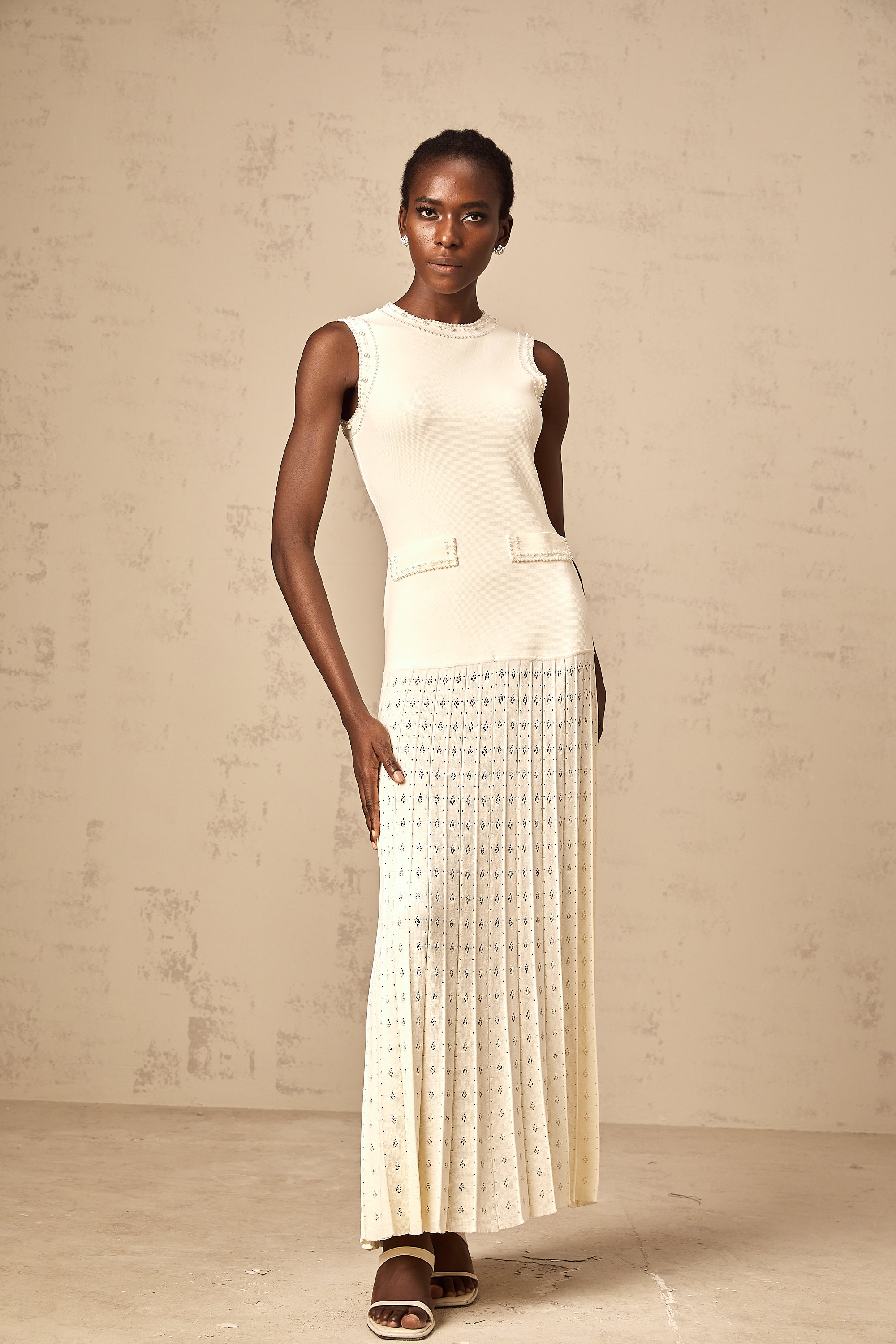 Donatienne white faux-pearl knitted maxi dress (Final Sale)