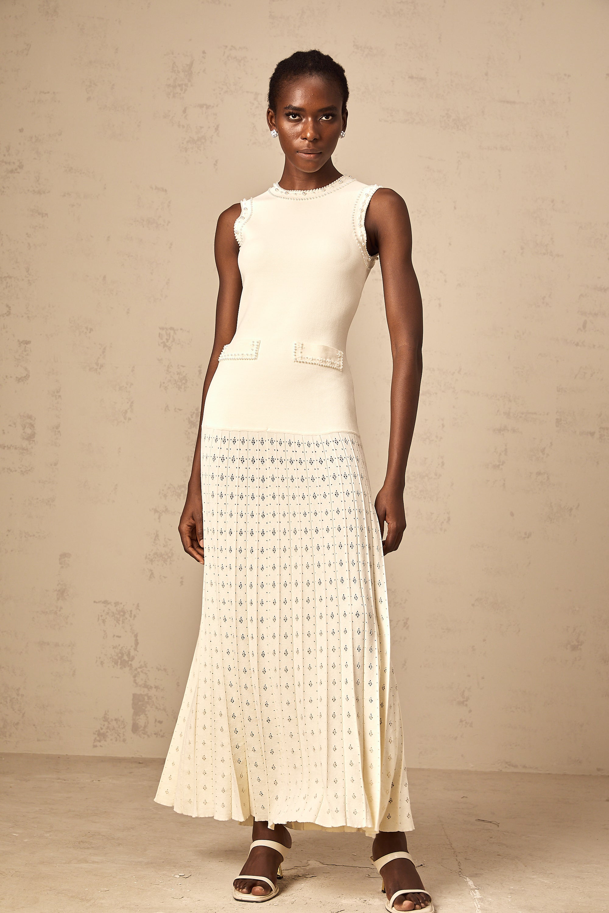 Donatienne white faux-pearl knitted maxi dress (Final Sale)