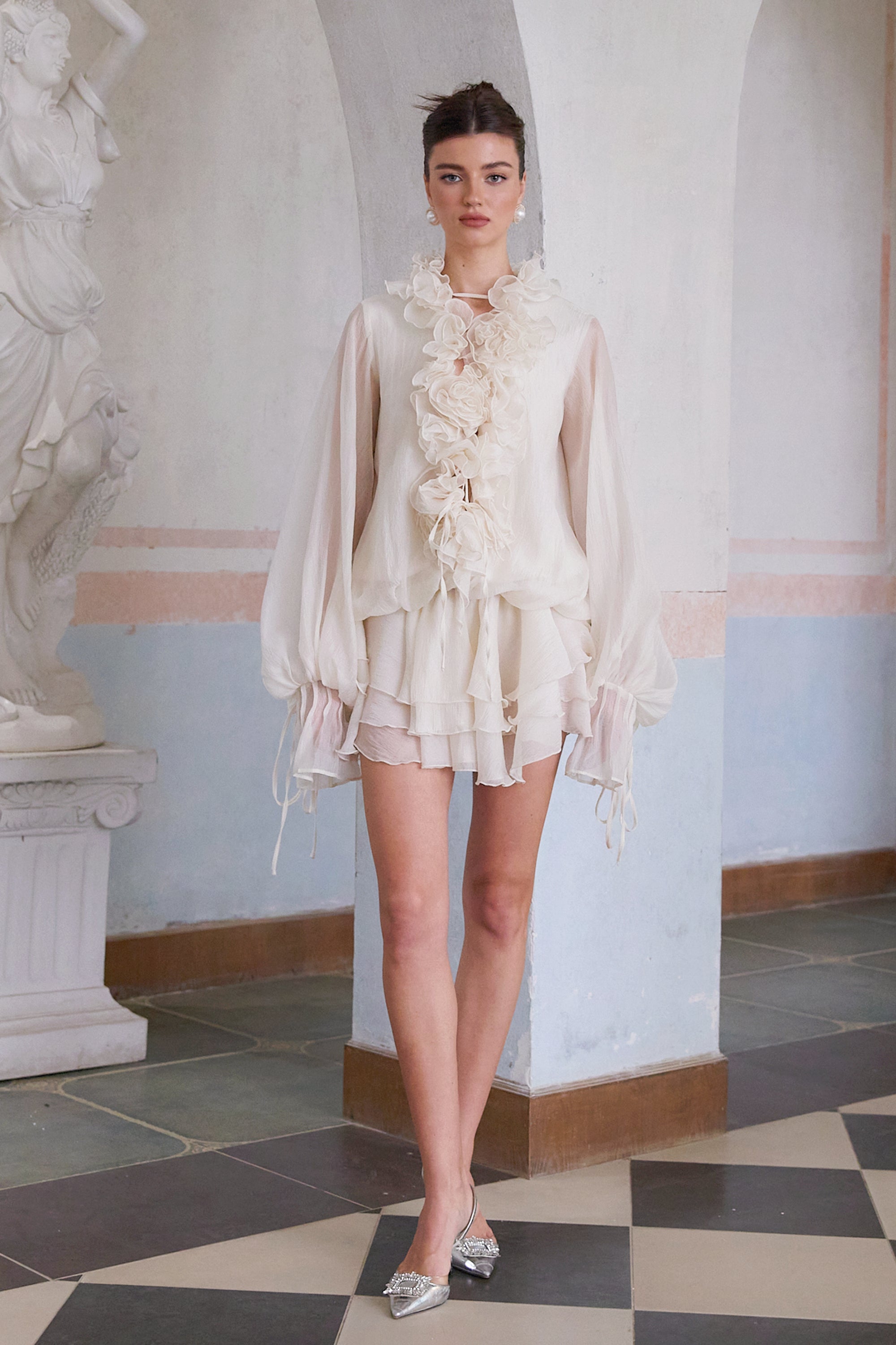 Zéphyrine Floral-Appliqué Tiered Mini Dress in Neutrals