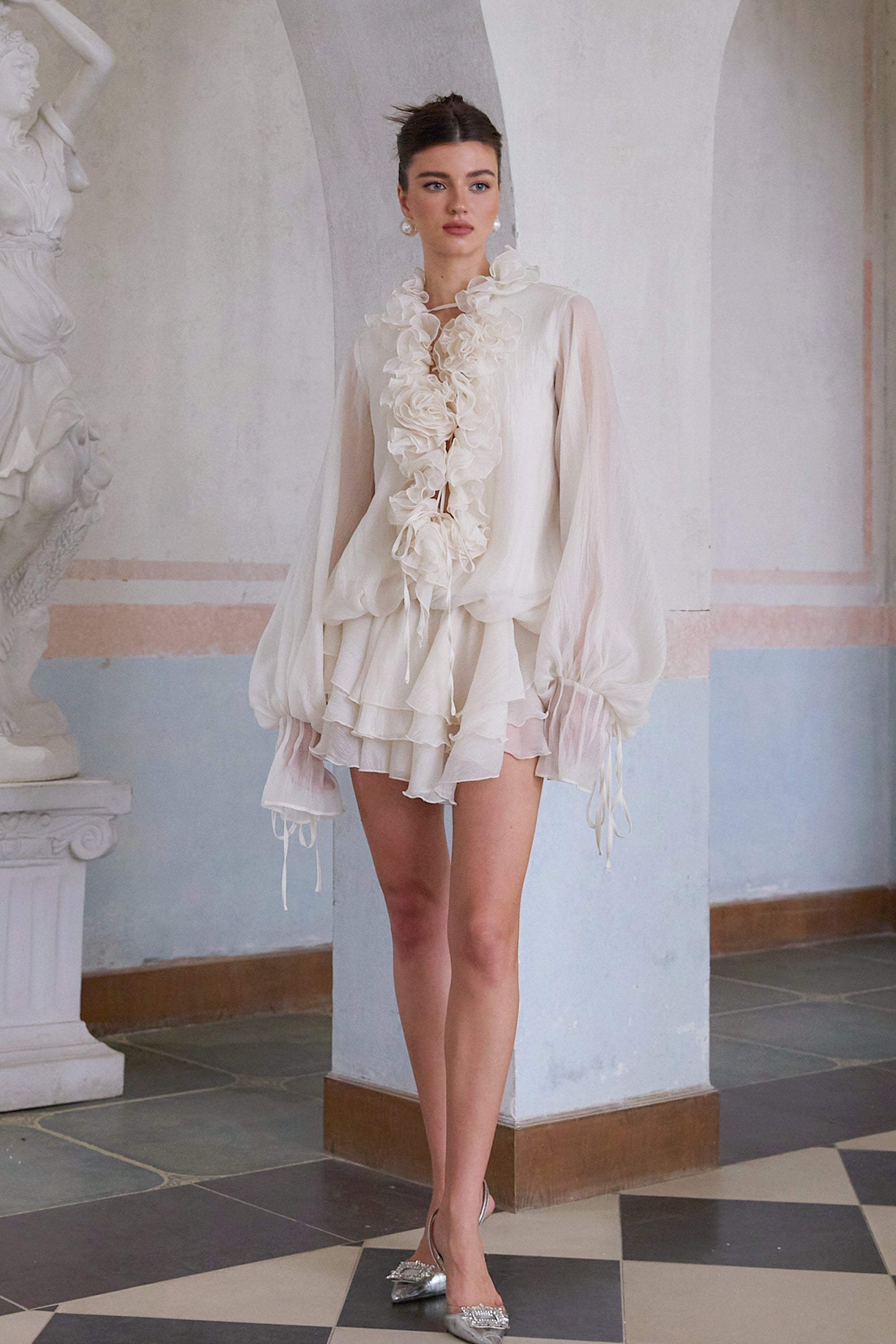 Zéphyrine Floral-Appliqué Tiered Mini Dress in Neutrals
