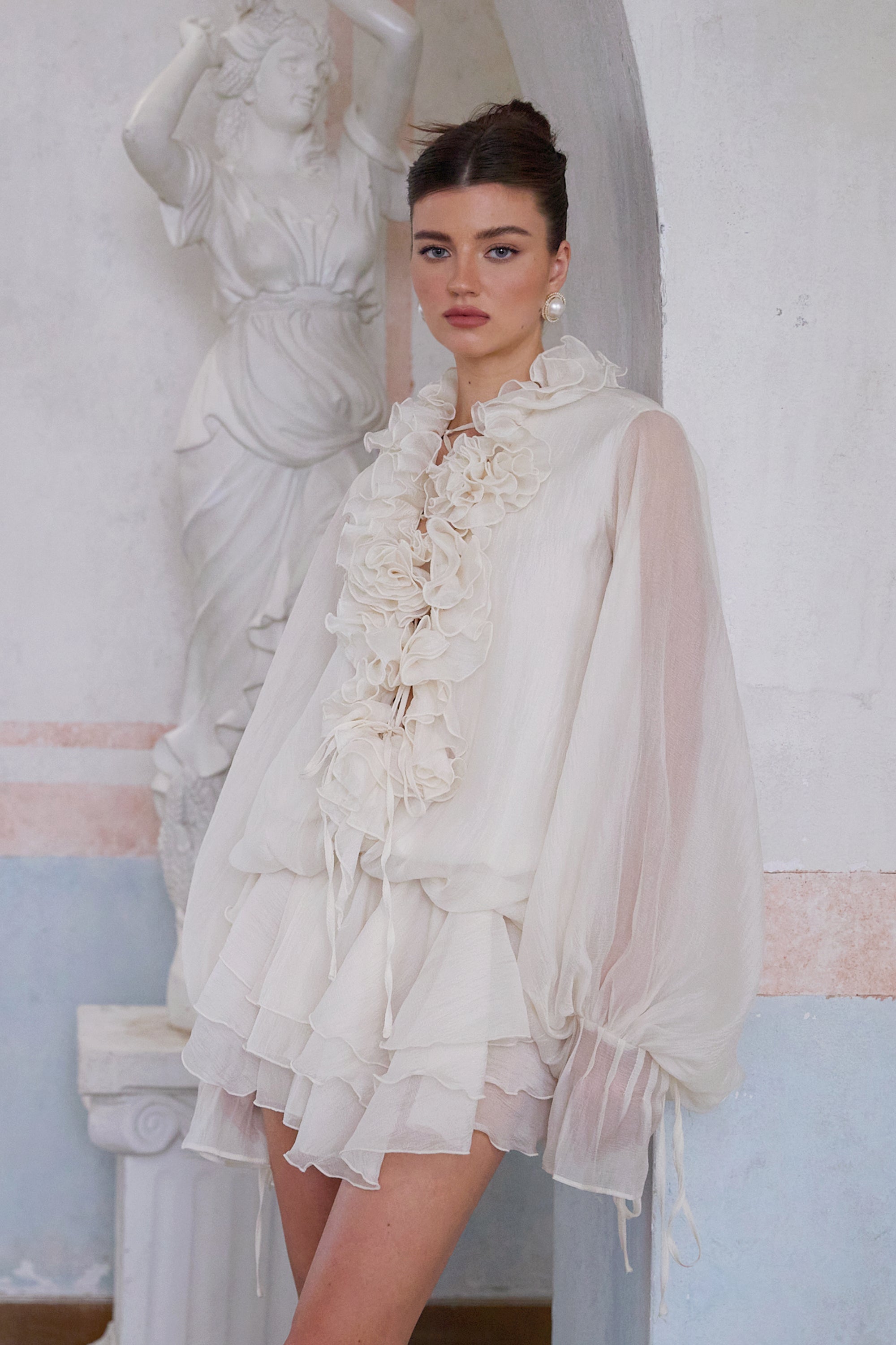 Zéphyrine Floral-Appliqué Tiered Mini Dress in Neutrals