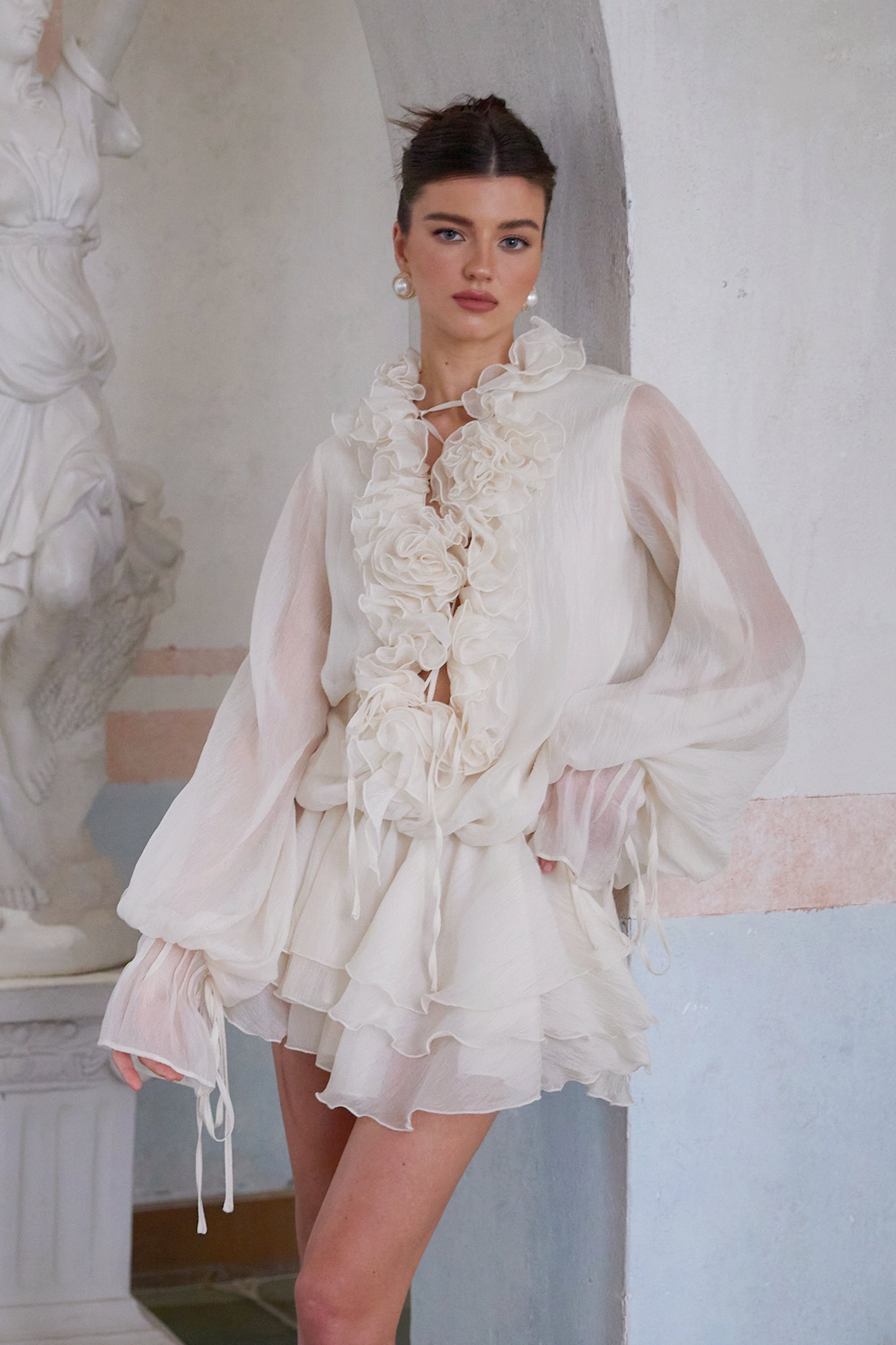Zéphyrine Floral-Appliqué Tiered Mini Dress in Neutrals