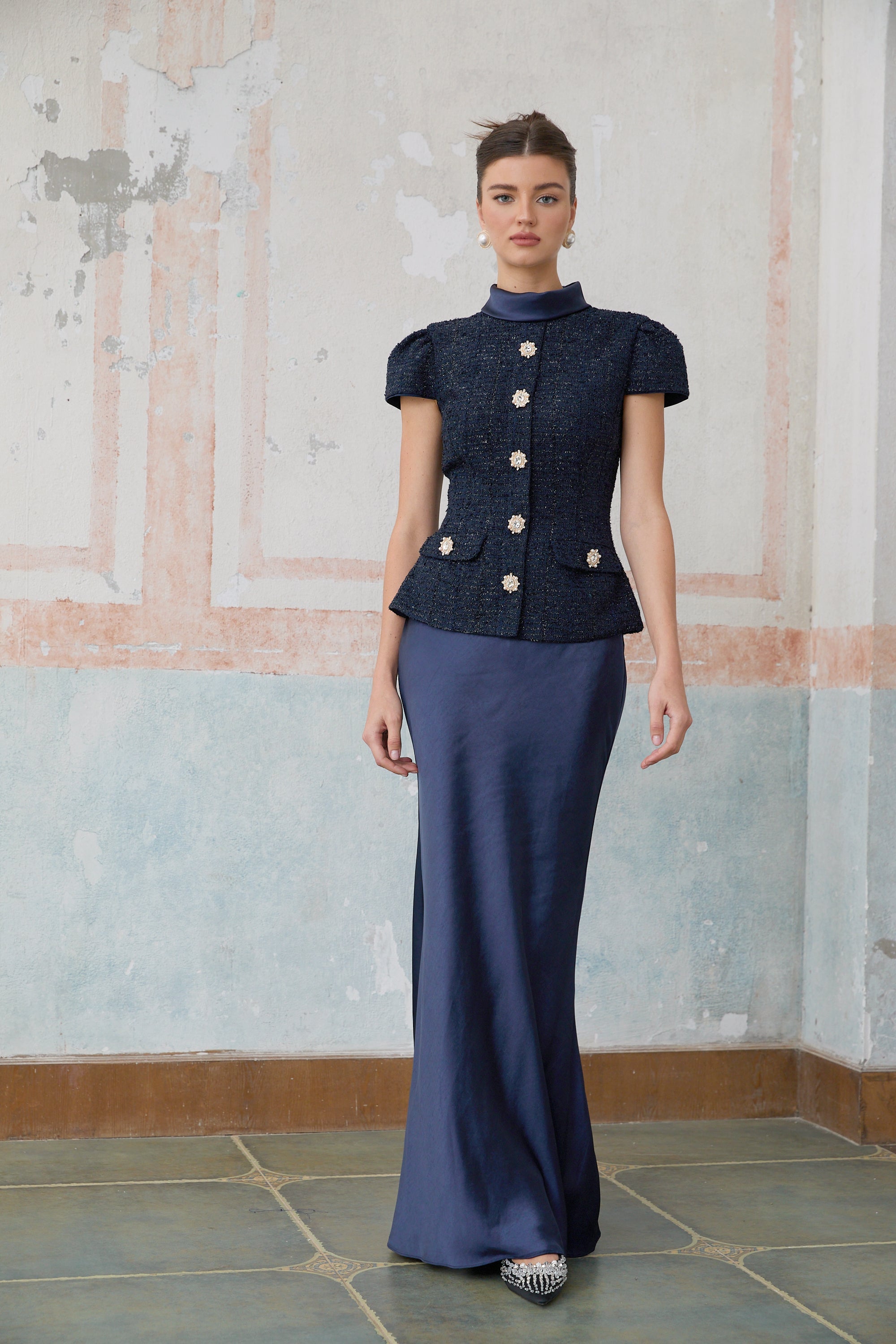Josette Blue Peplum-Waist Paneled Maxi Dress