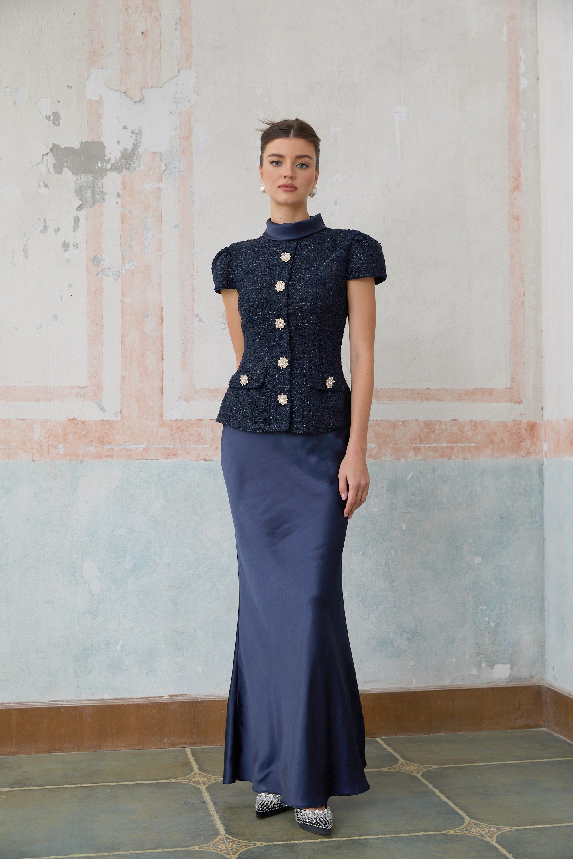 Josette Blue Peplum-Waist Paneled Maxi Dress