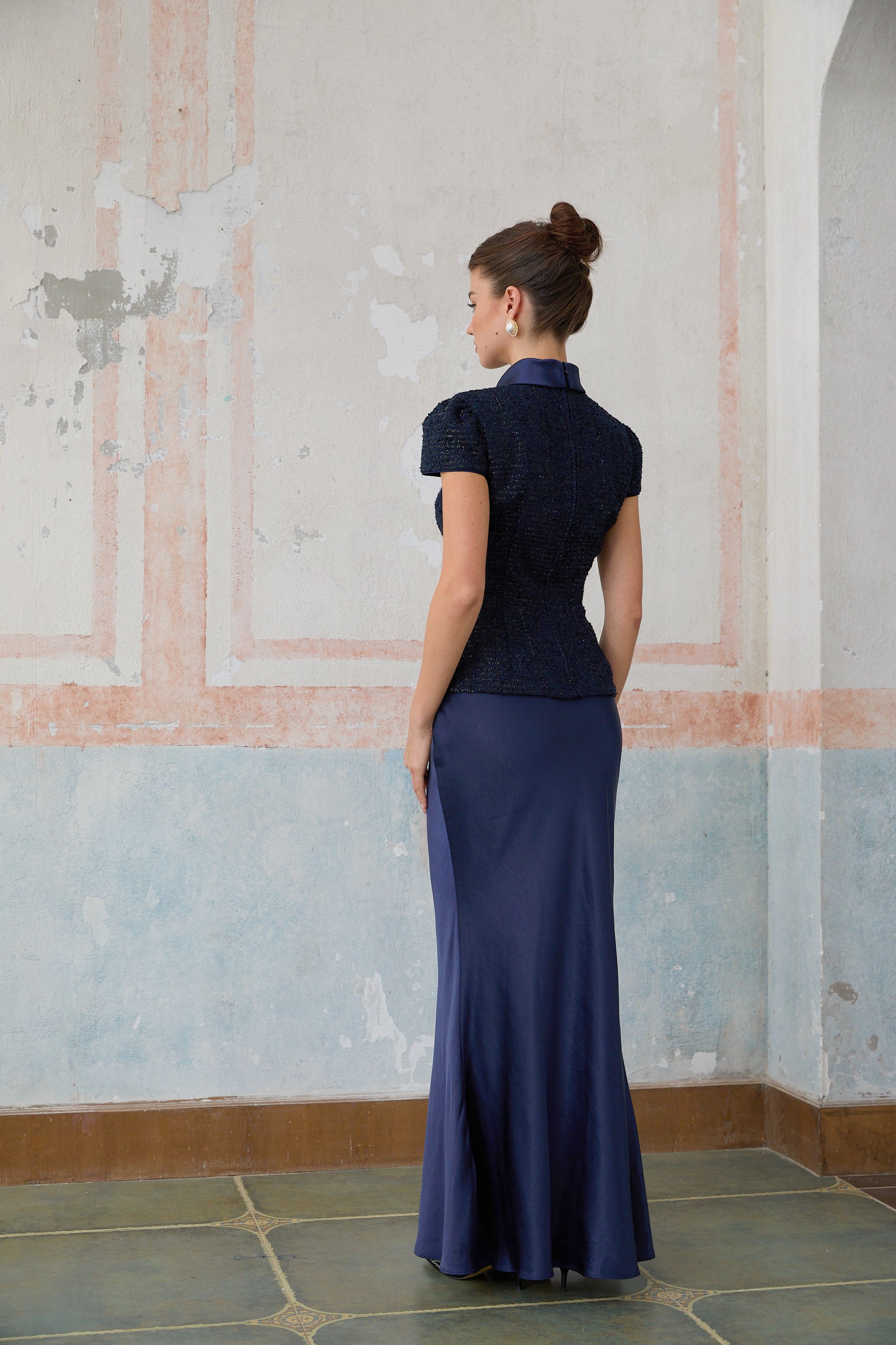 Josette Blue Peplum-Waist Paneled Maxi Dress