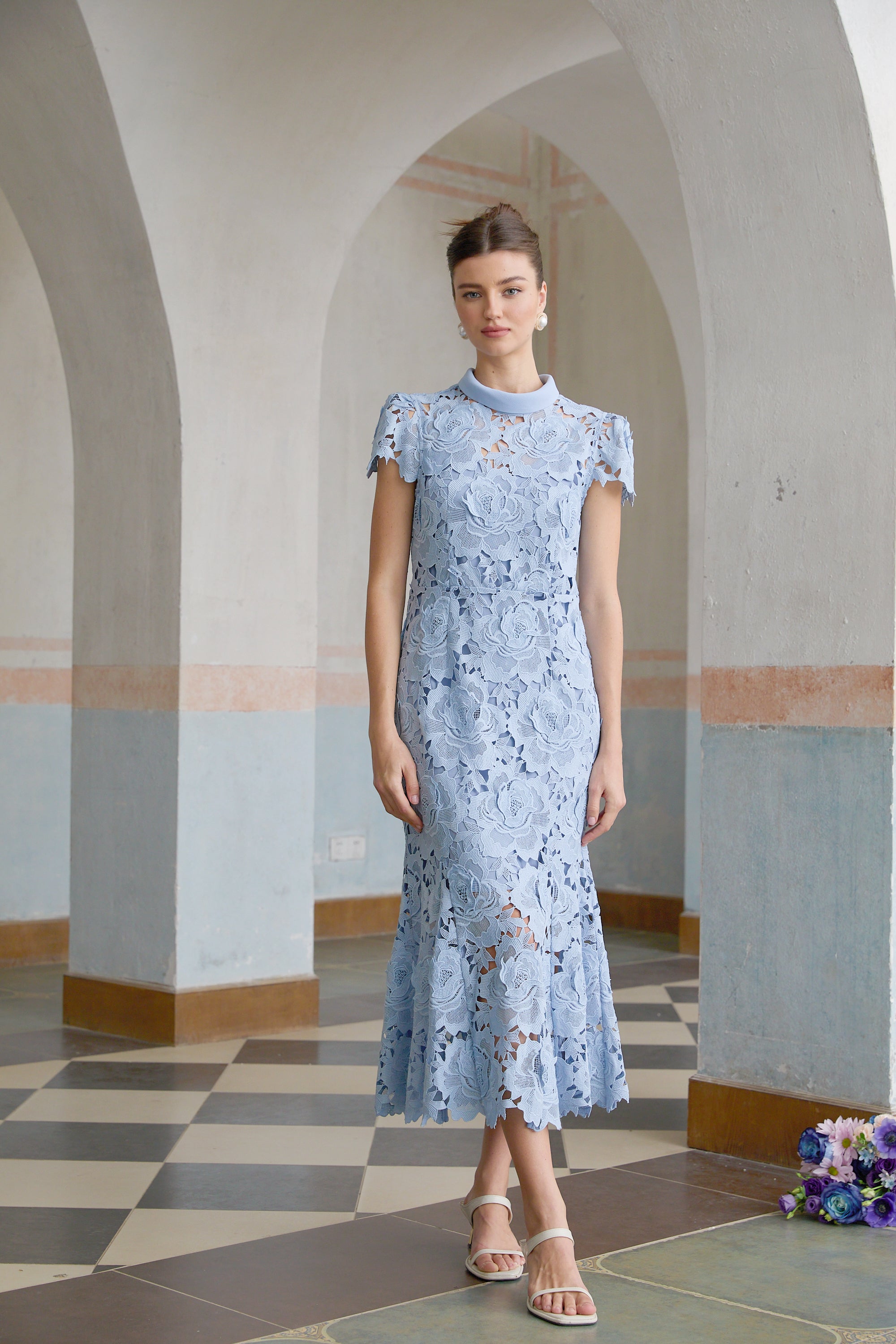 Aurore Blue Floral Appliqué Lace Midi Dress (Final Sale)