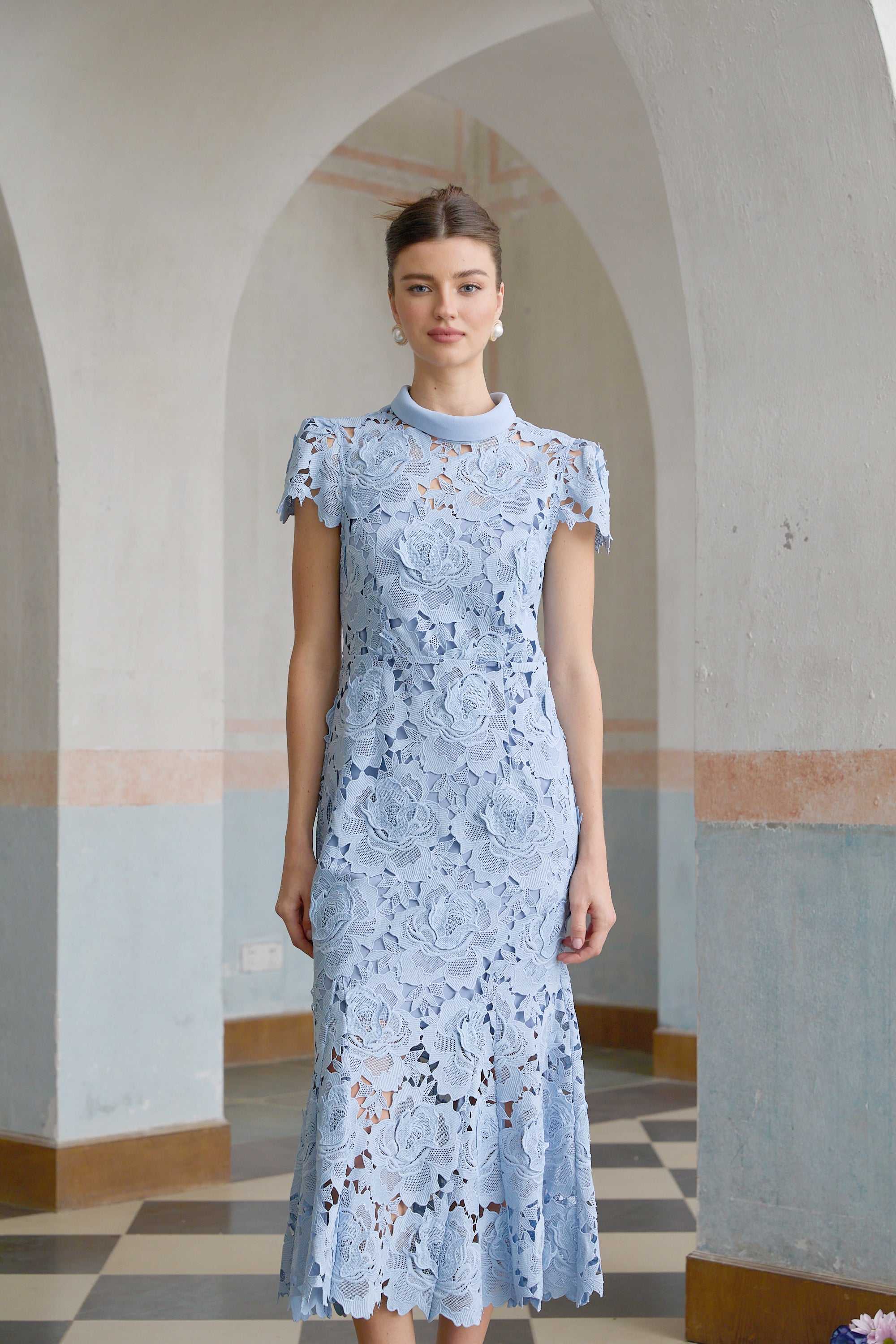 Aurore Blue Floral Appliqué Lace Midi Dress (Final Sale)