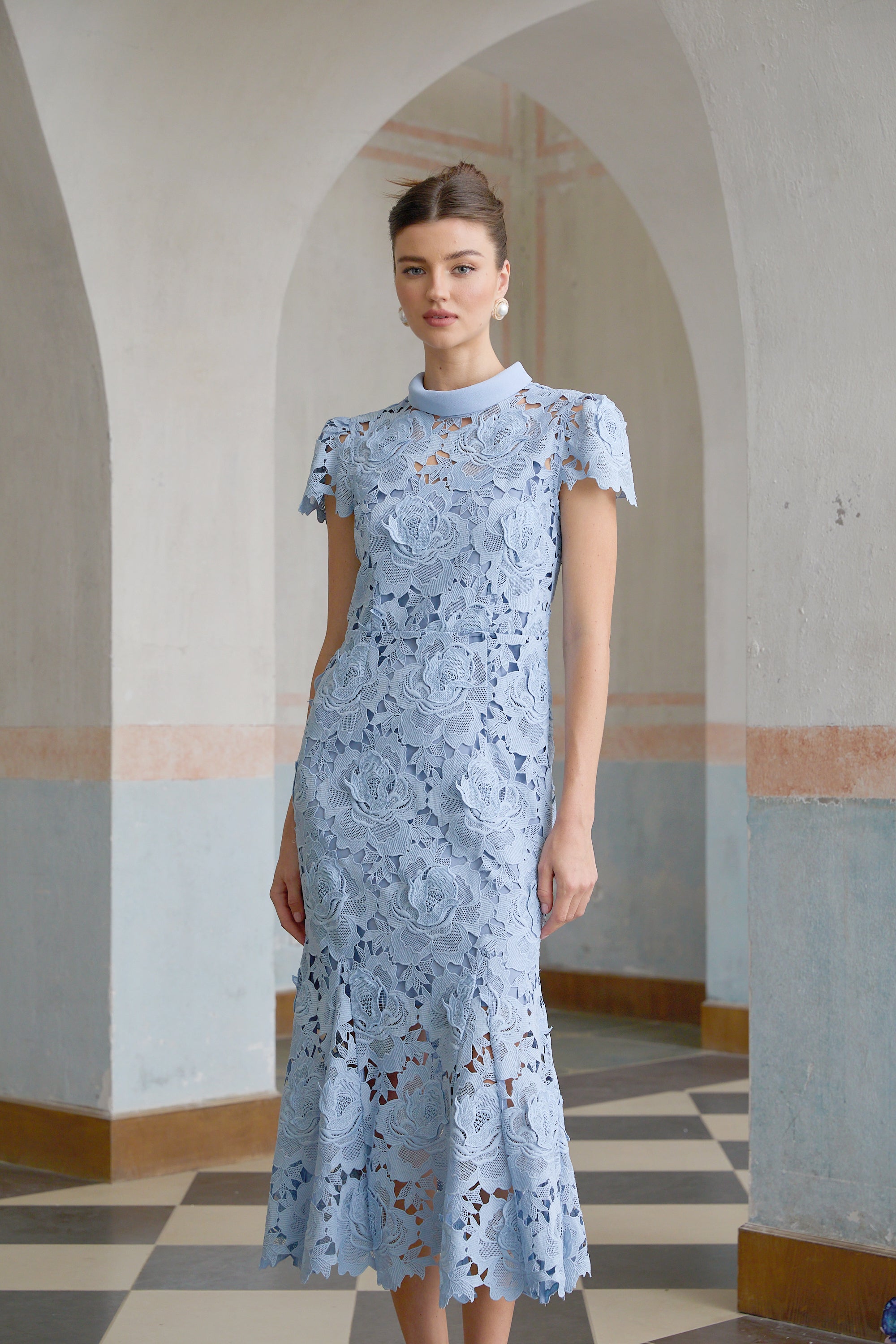 Aurore Blue Floral Appliqué Lace Midi Dress (Final Sale)