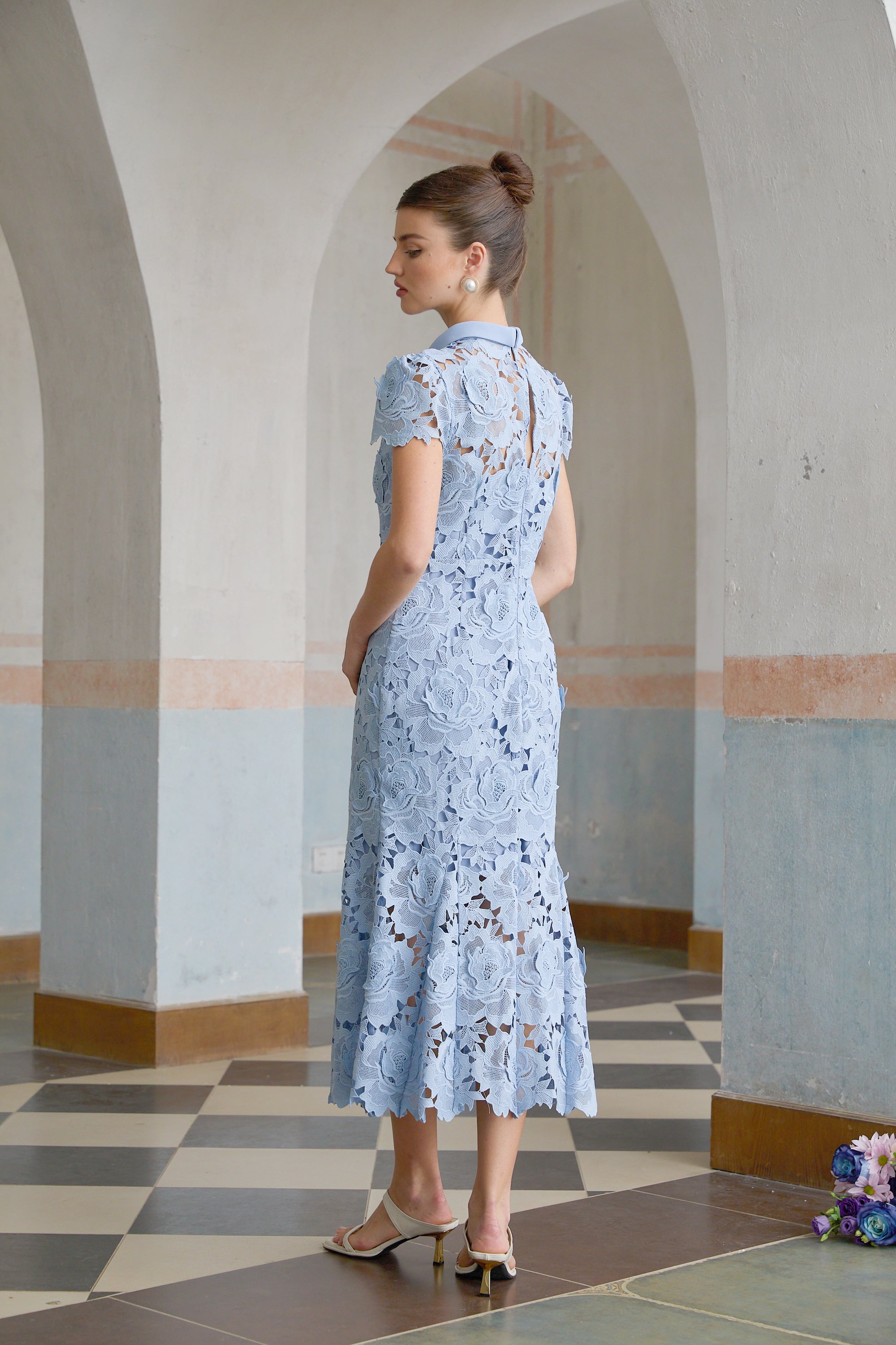 Aurore Blue Floral Appliqué Lace Midi Dress (Final Sale)
