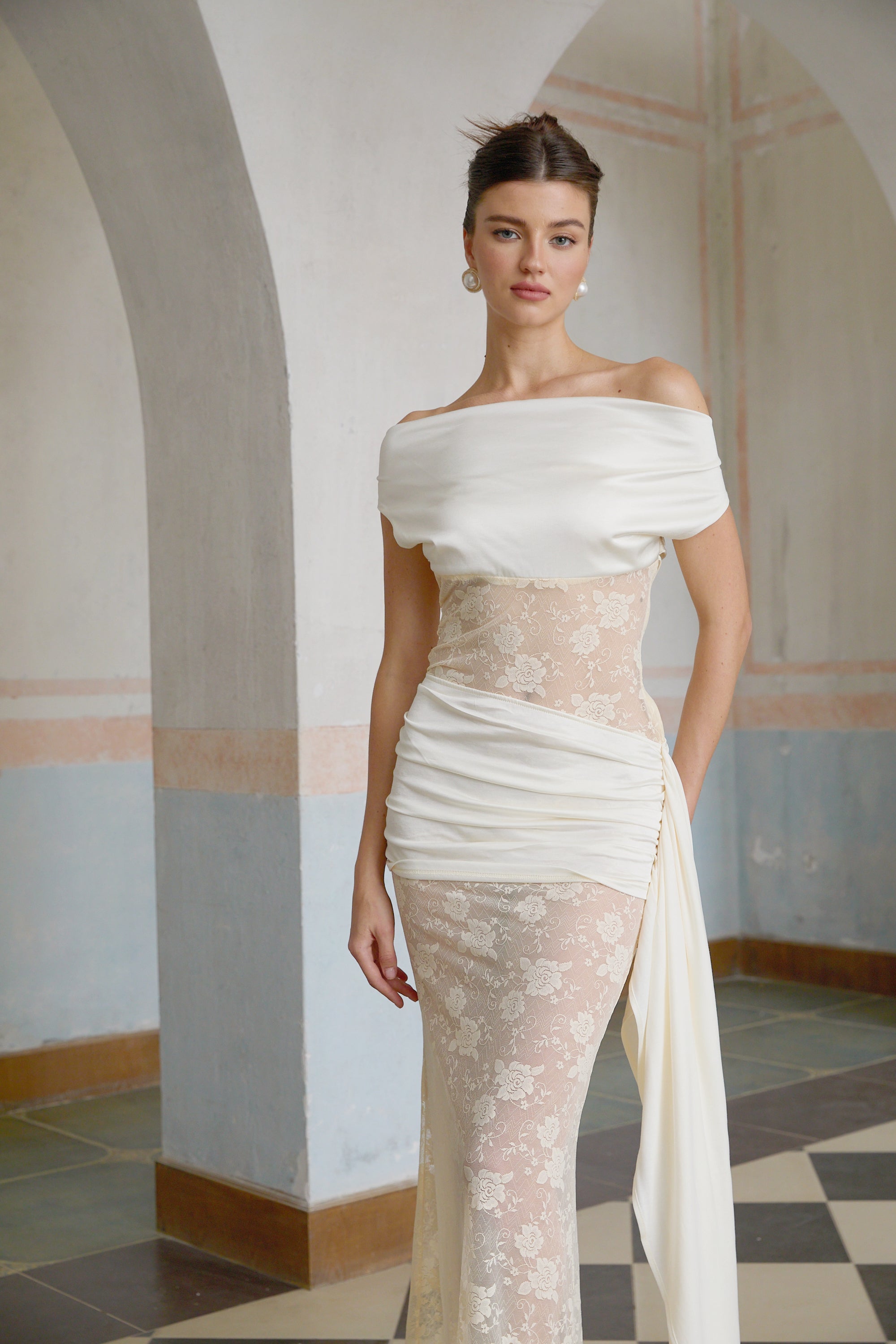 Lilou neutrals ribbon panelled floral-lace maxi dress (Final Sale)