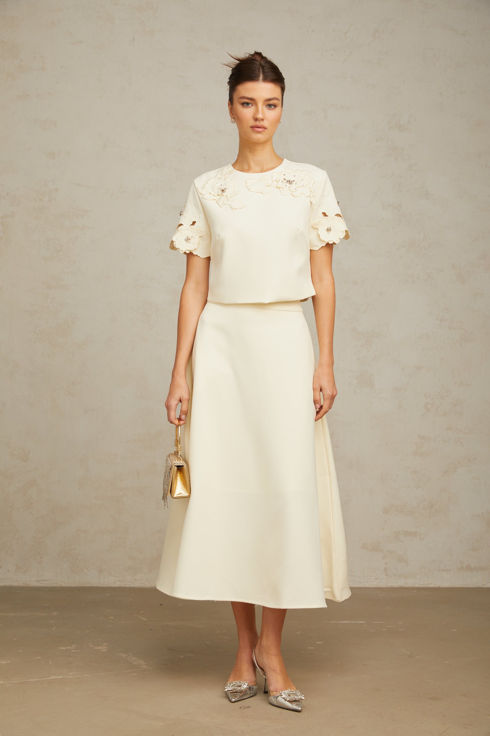 Coralie neutrals 3D-petal top & skirt matching set (Final Sale-US Only)
