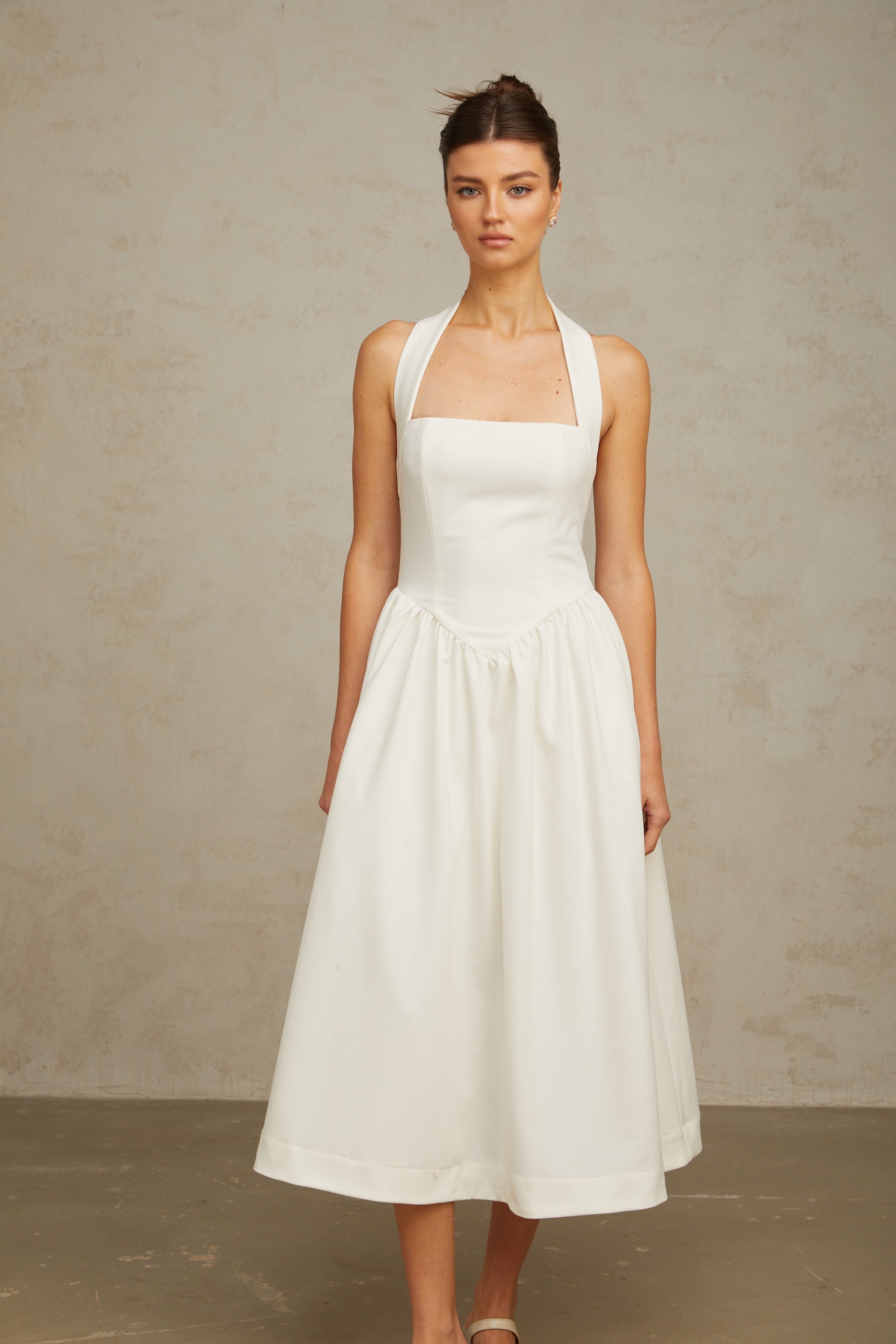 Alizée halterneck pleated midi dress in White (Final Sale)