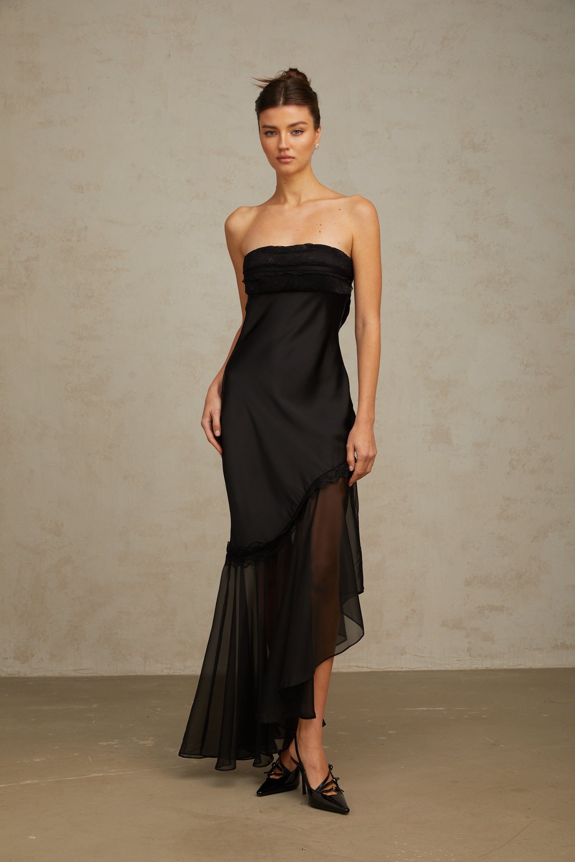 Bernadette black tulle-panelling satin maxi dress (Final Sale)