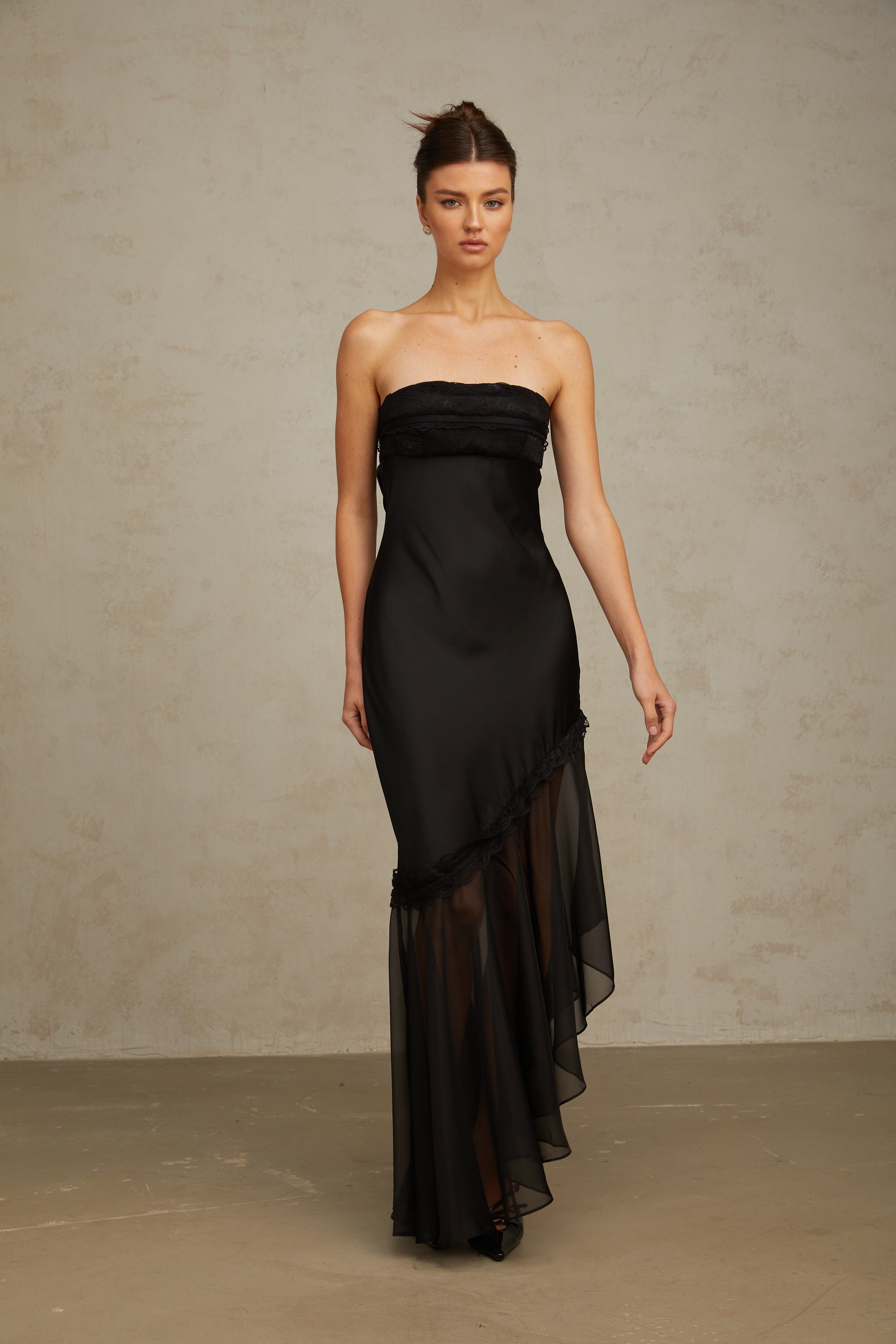 Bernadette black tulle-panelling satin maxi dress (Final Sale)