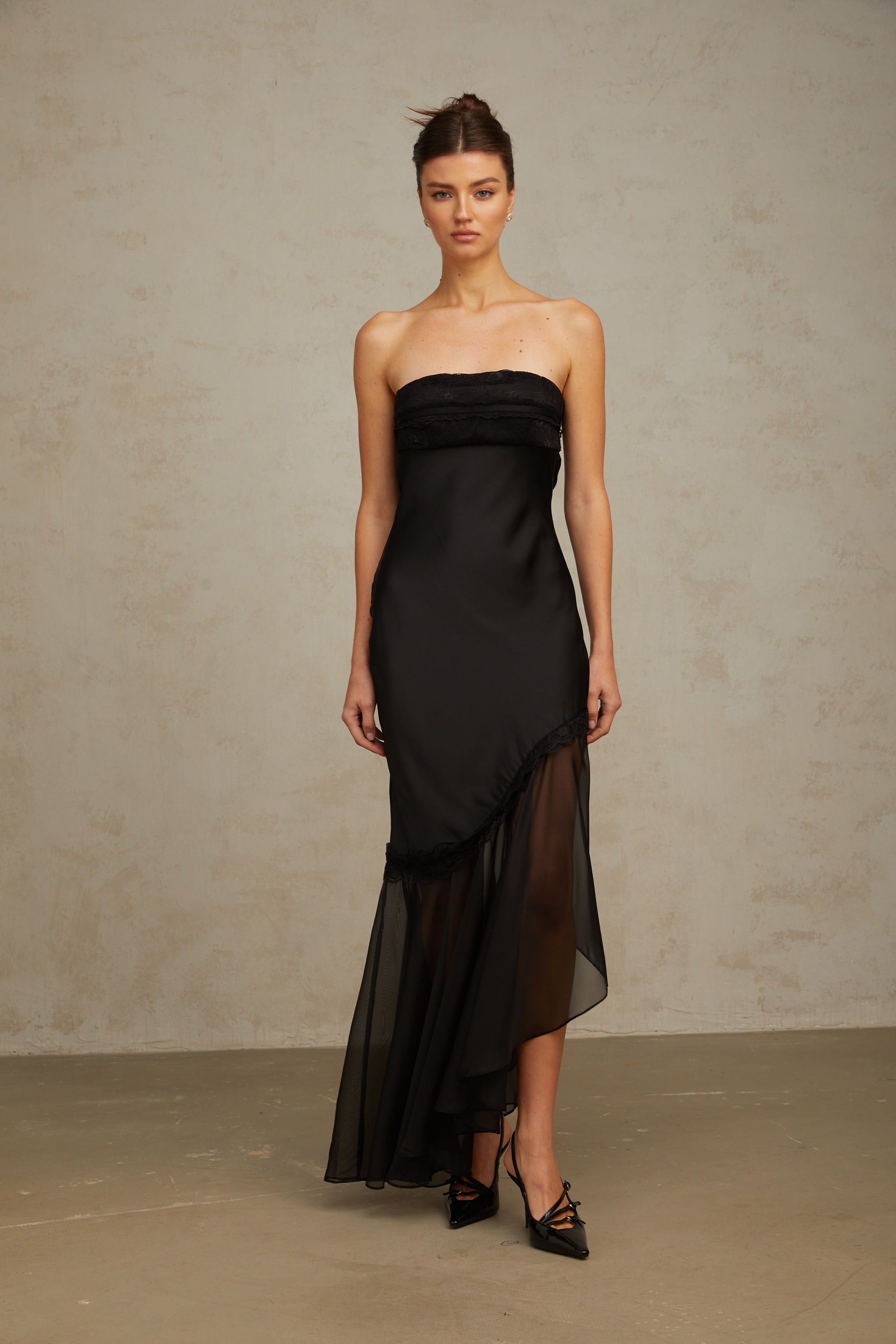 Bernadette black tulle-panelling satin maxi dress (Final Sale)