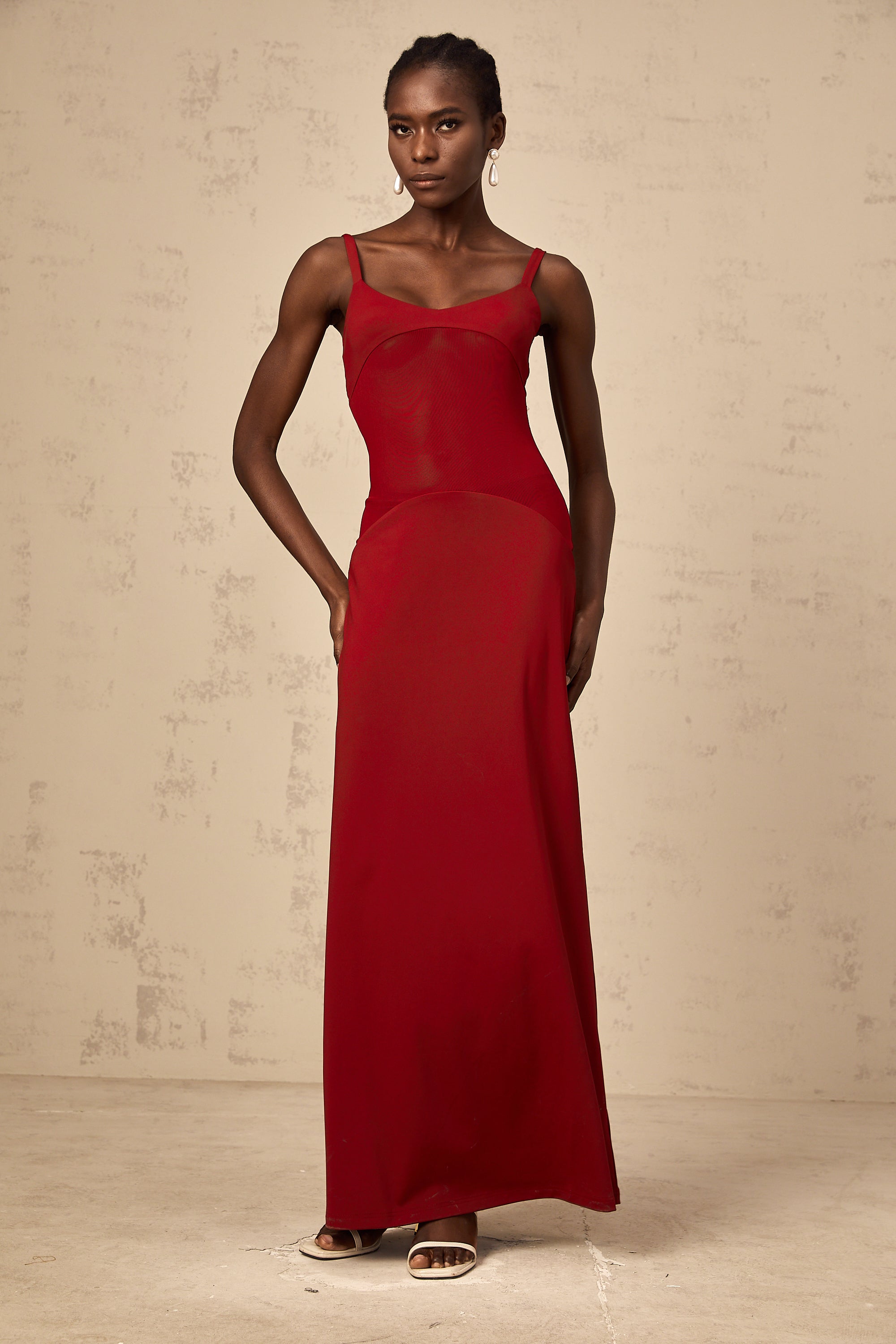 Céline red semi-sheer tulle-panel maxi dress
