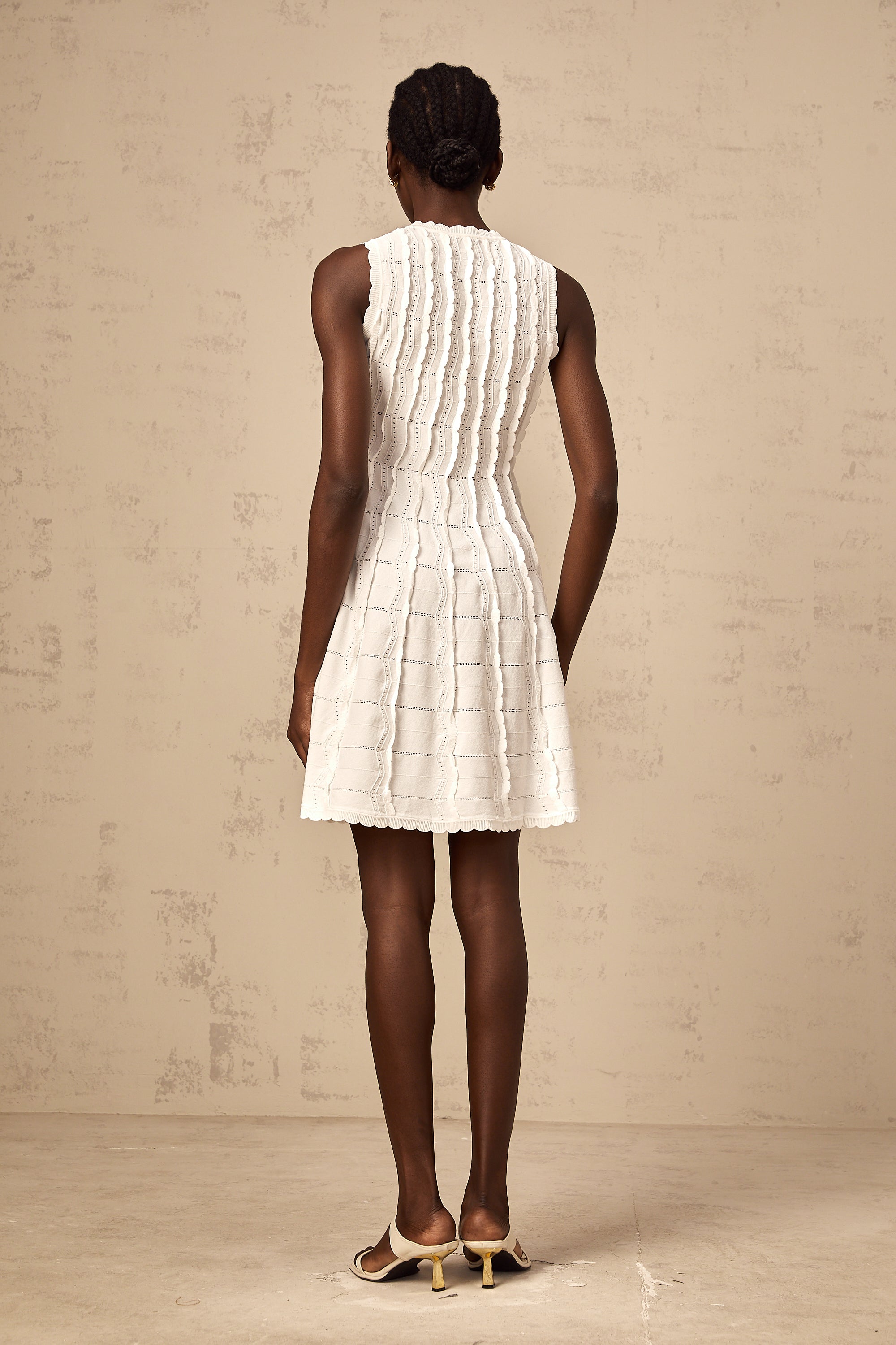 Esmée white ruffled sleeveless knit mini dress (Final Sale)
