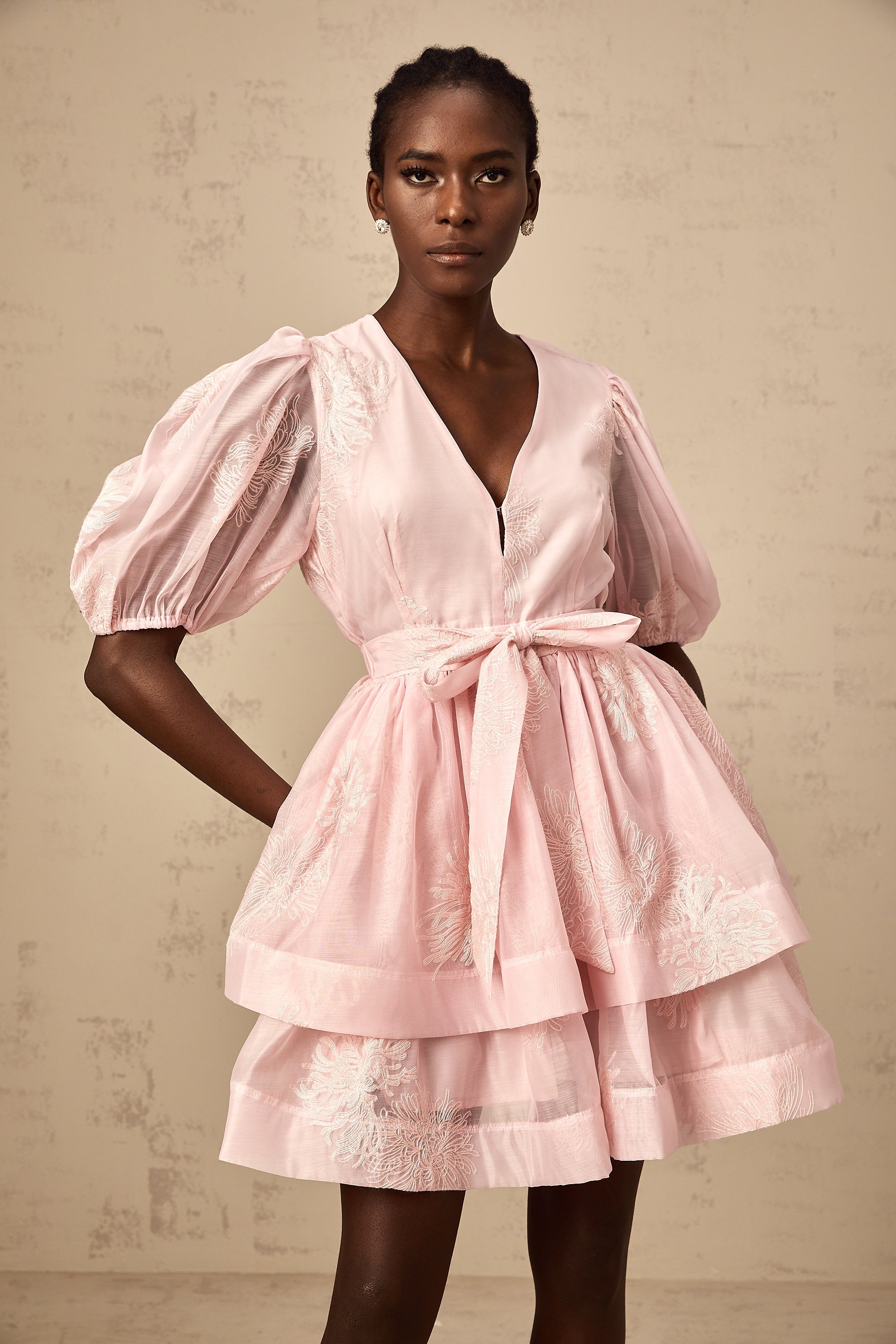 Florence pink floral-embroidered layered mini dress (Final Sale)