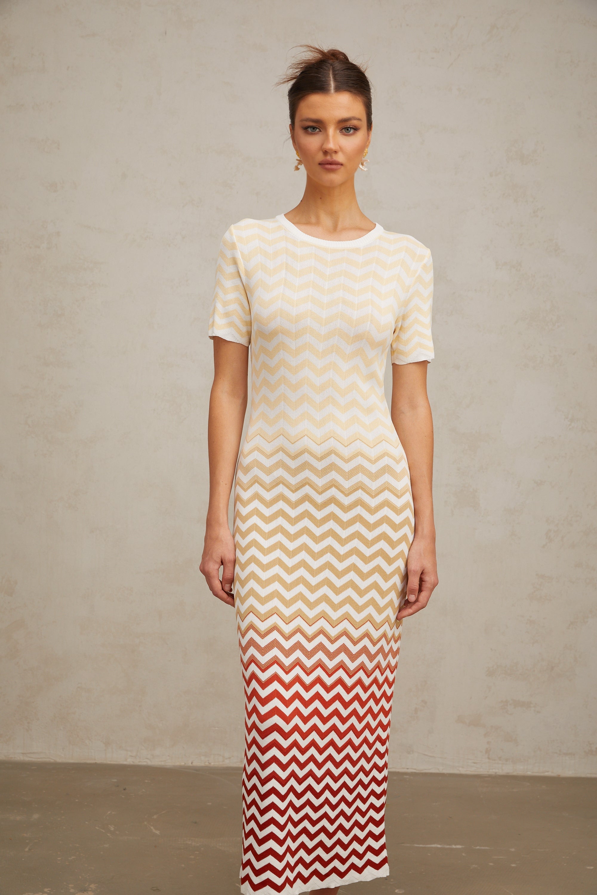Isabel Zigzag Woven Knit Midi Dress in Sunny Yellow