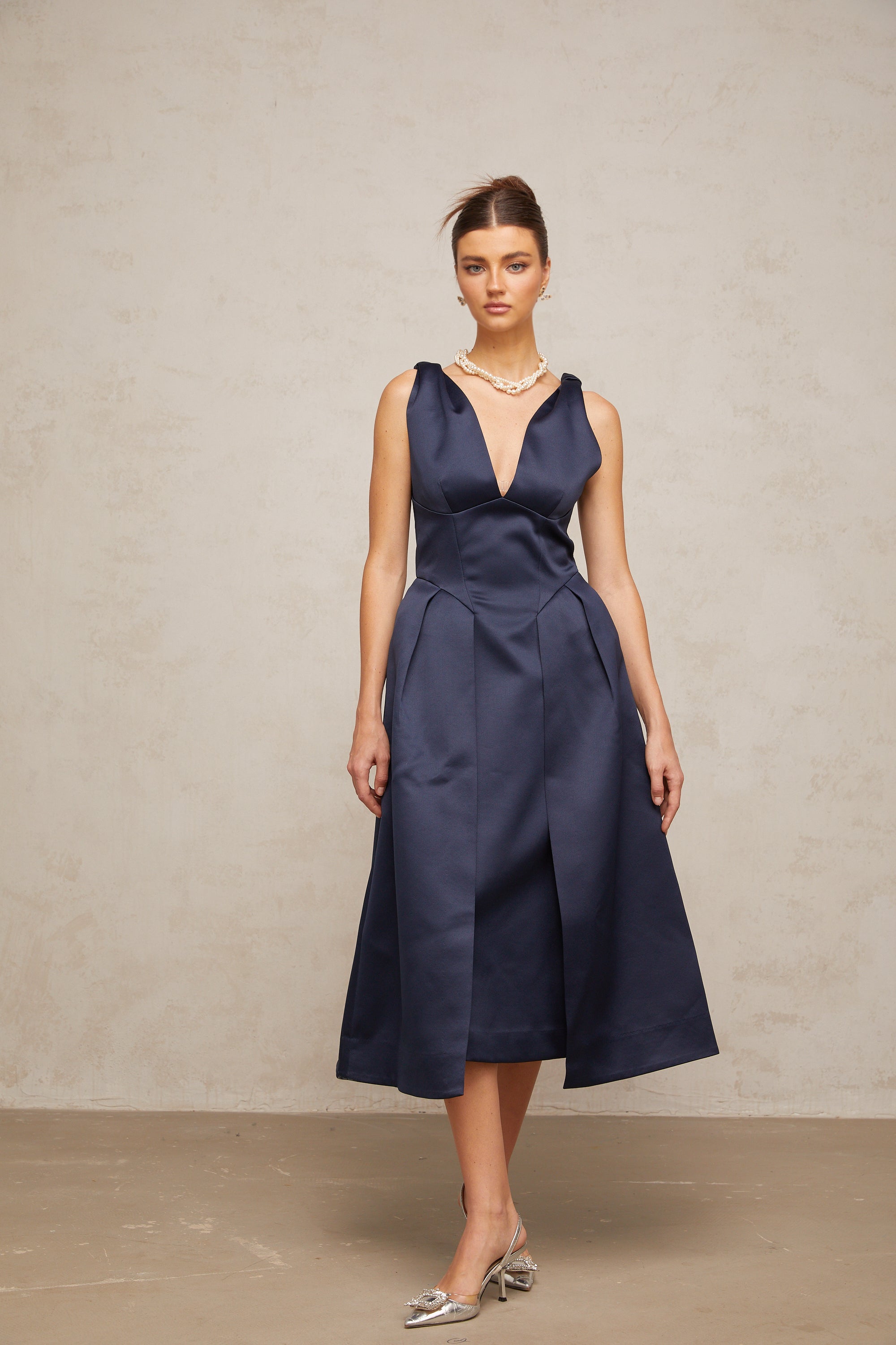 Chantale blue twist-detail satin midi dress