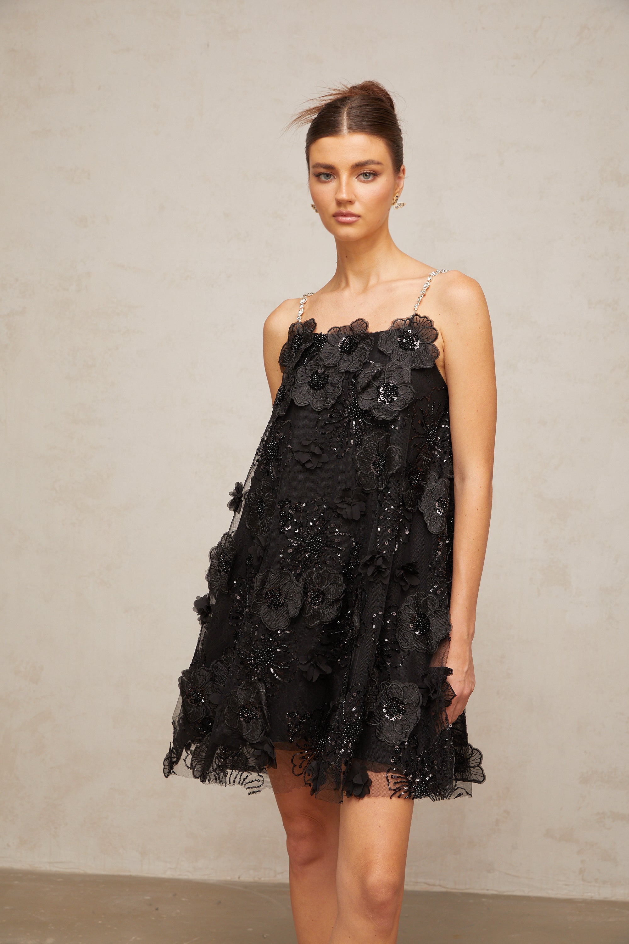 Suzette crystal-embellished floral mini dress in Black (Final Sale)