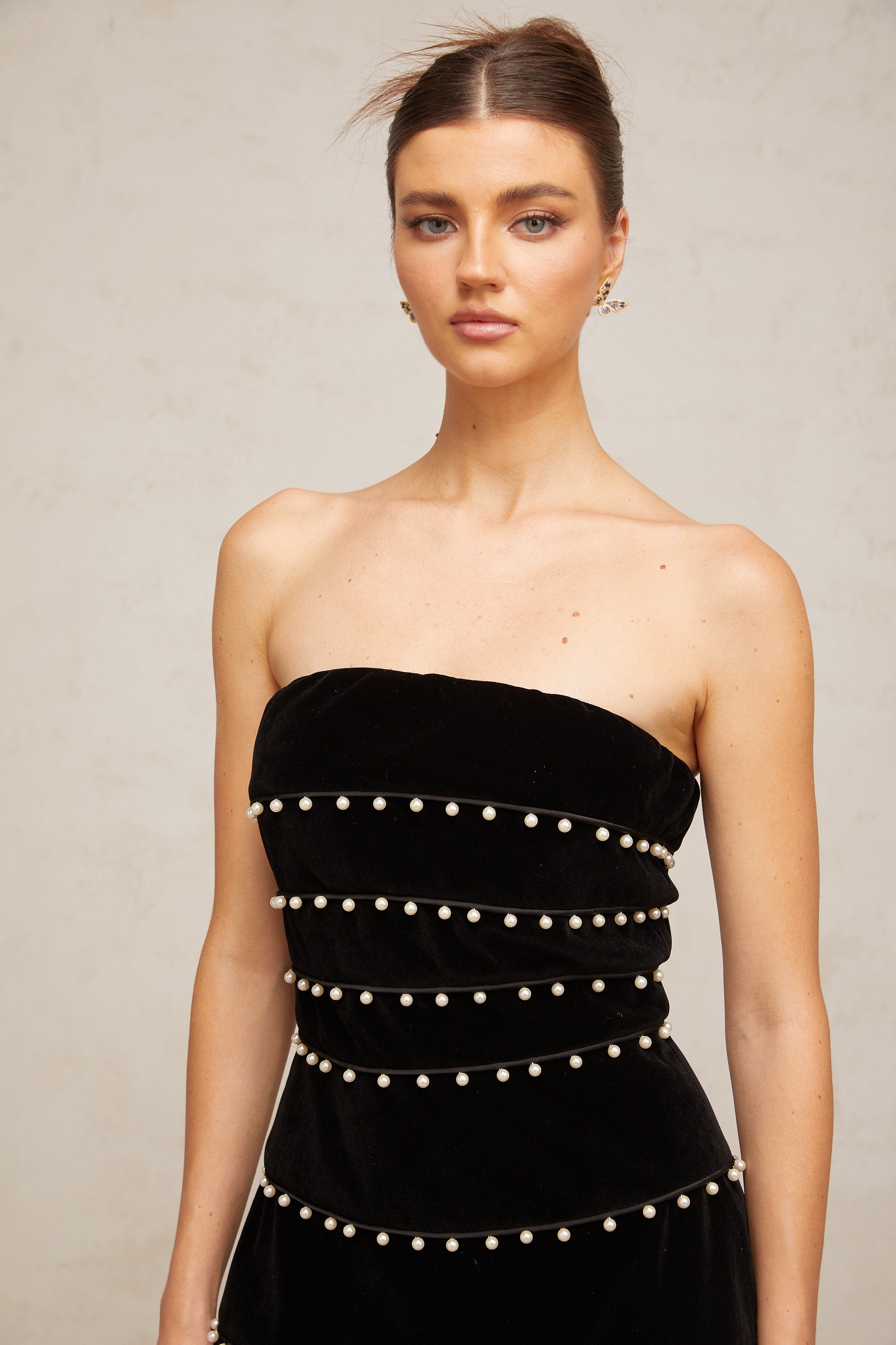 Camille black faux-pearl velvet mini dress (Final Sale)