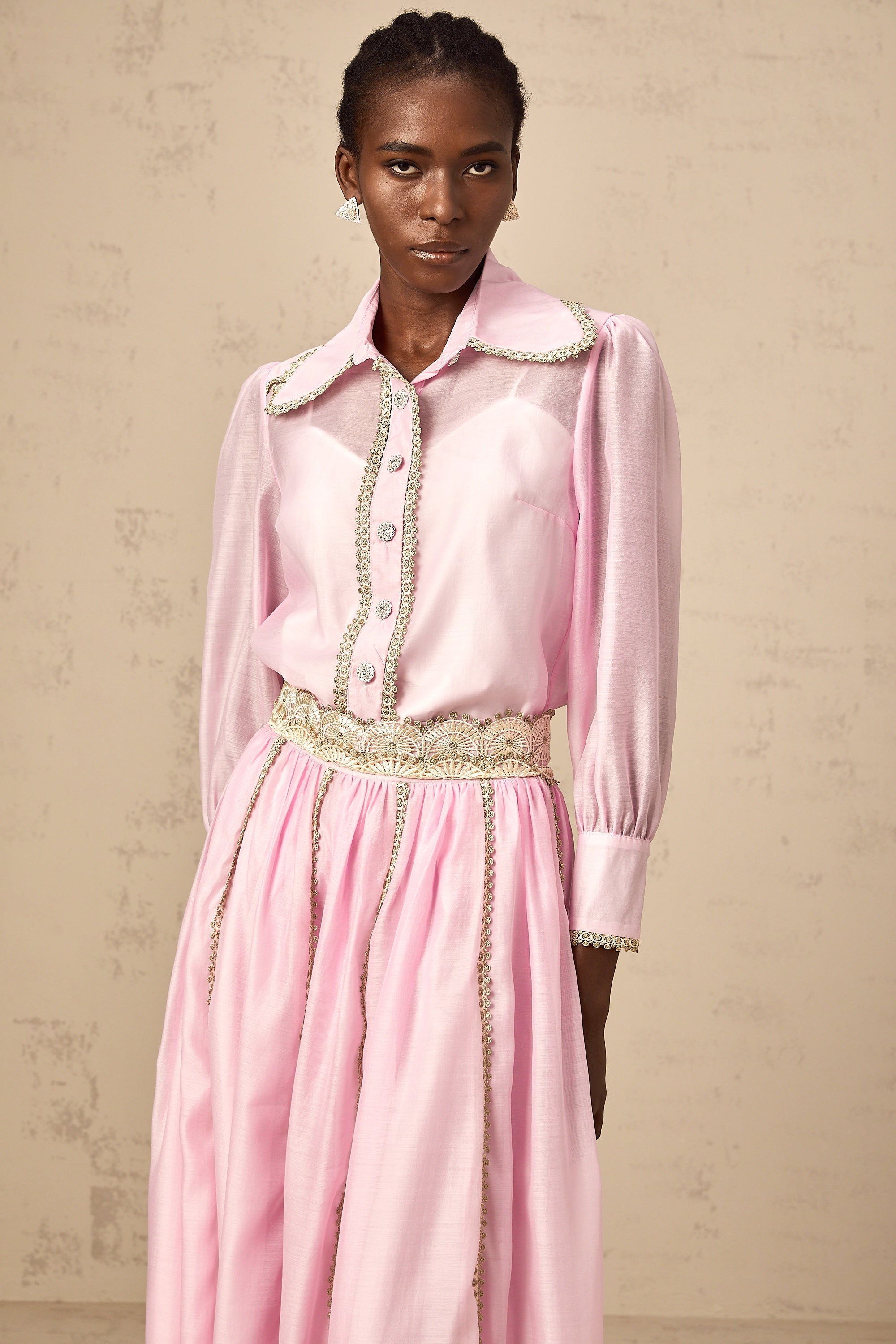 Frida pink lace-trim shirt & skirt matching set (Final Sale-US Only)