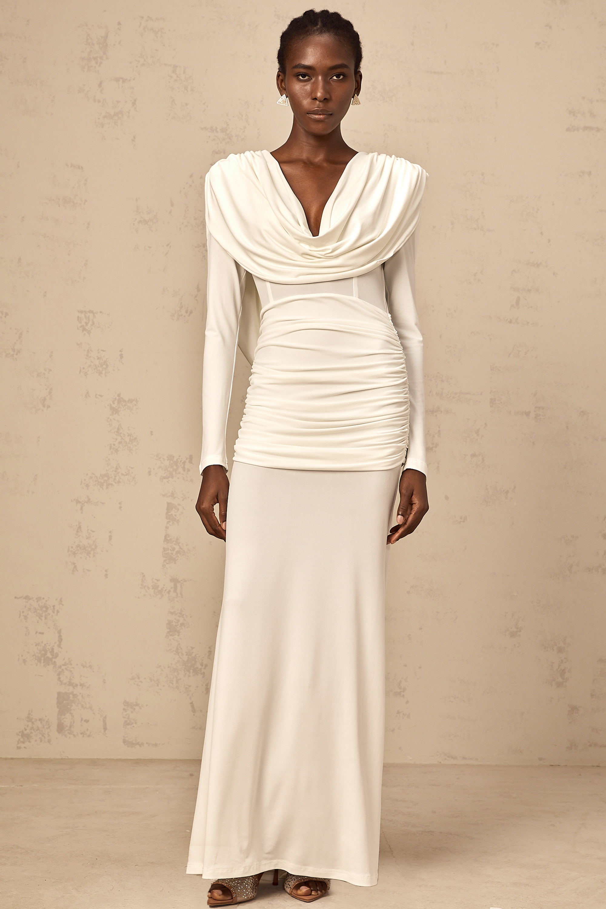 Wanda White Ruched Fitted Maxi Dress