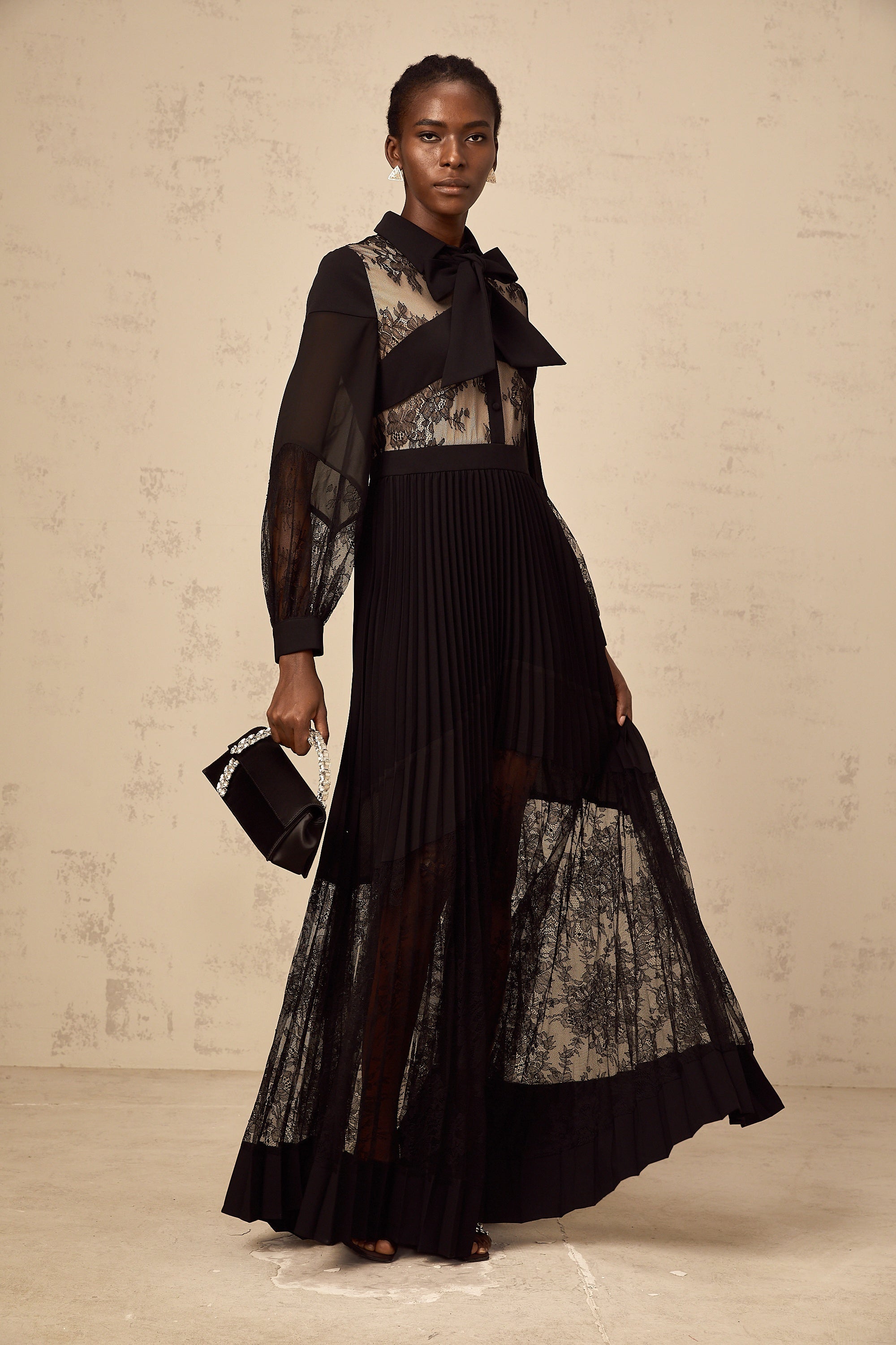 Ségolène black floral-lace-panel pleated maxi dress (Final Sale)