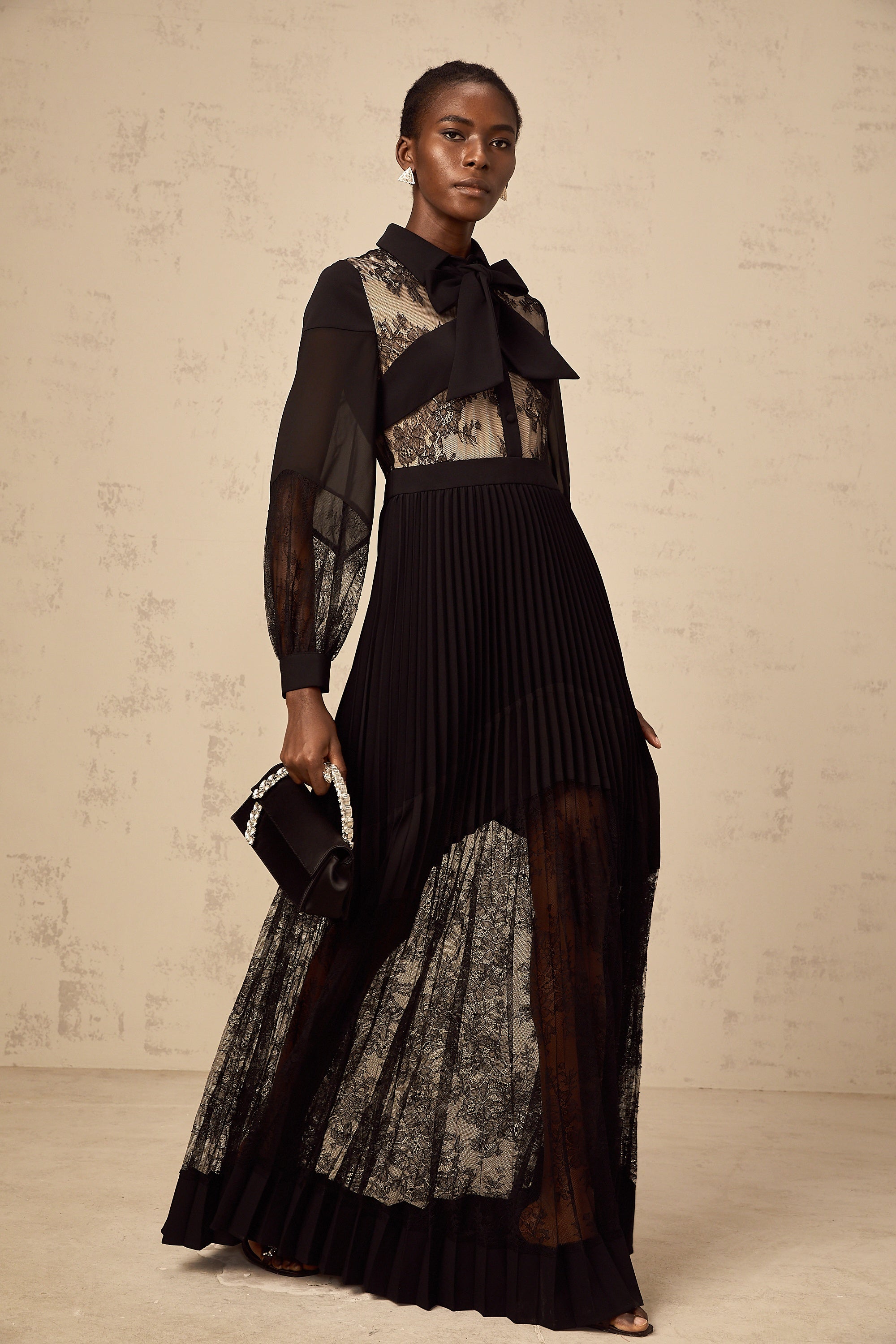 Ségolène black floral-lace-panel pleated maxi dress (Final Sale)