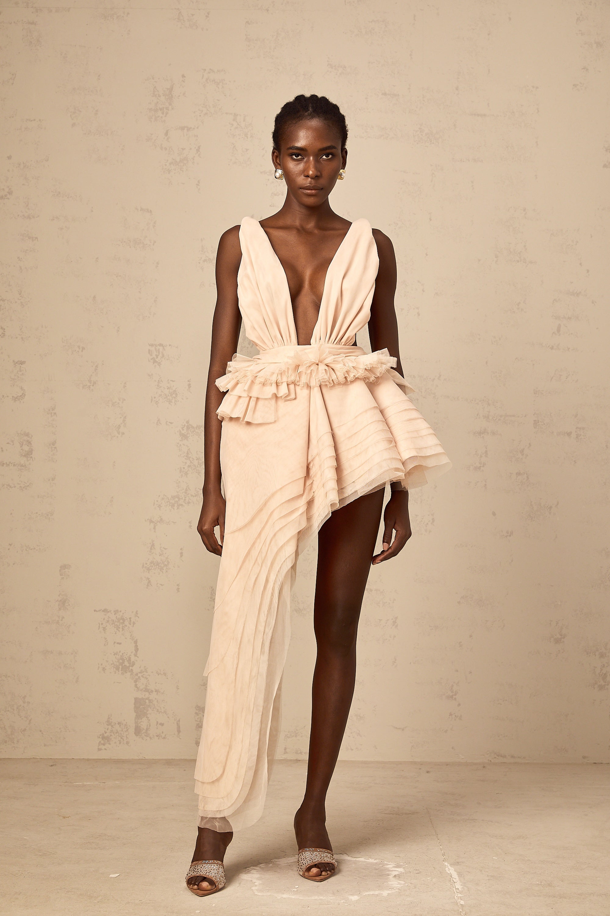 Isoline ribbon-design asymmetrical mini dress in Neutrals (Final Sale-US Only)