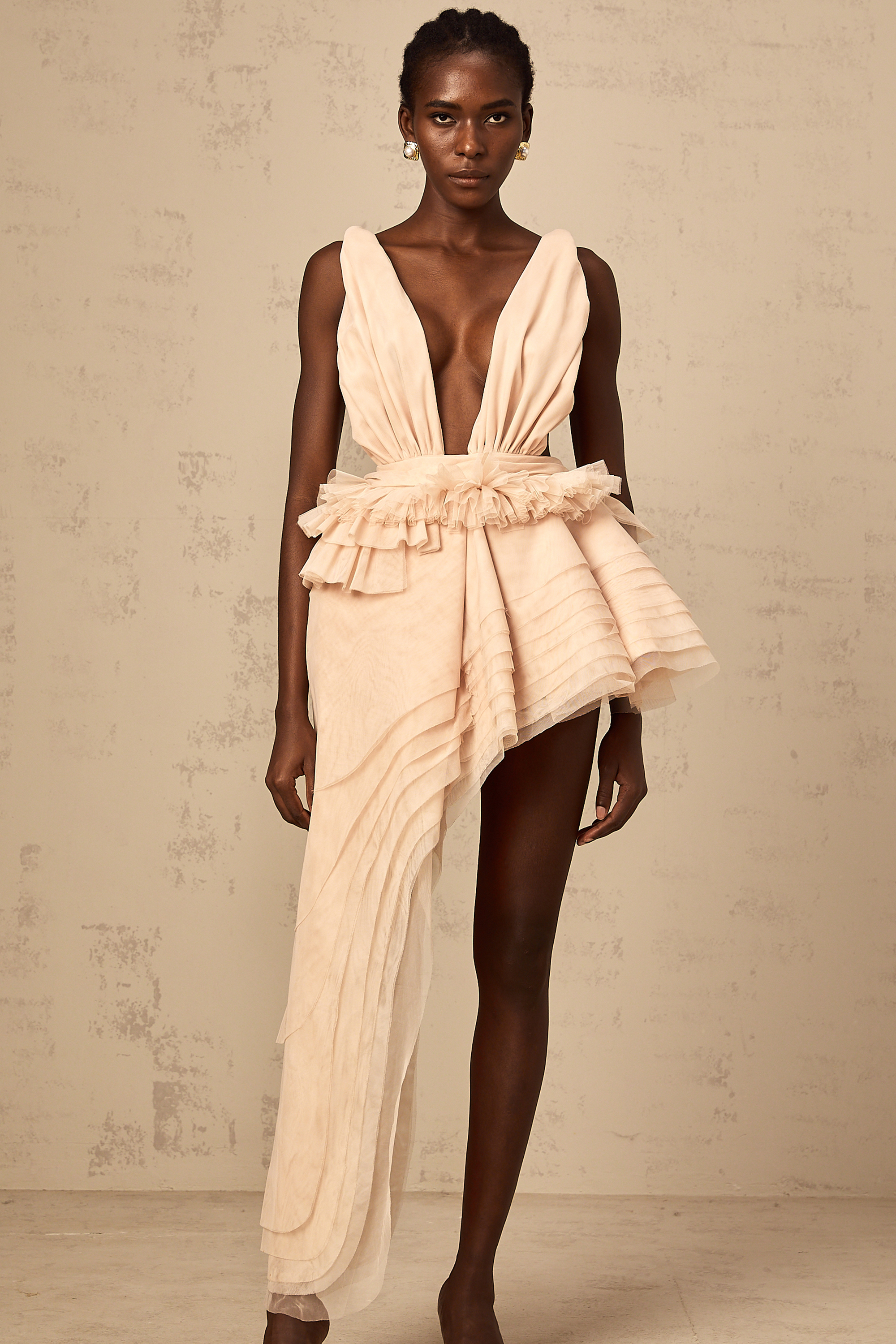 Isoline ribbon-design asymmetrical mini dress in Neutrals (Final Sale-US Only)