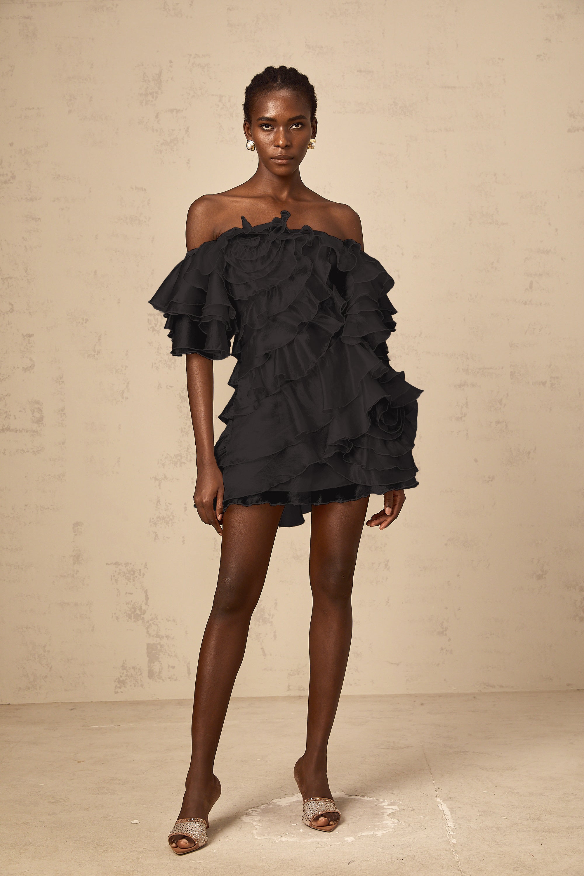 Cerise Asymmetrical Flounce Mini Dress in Black