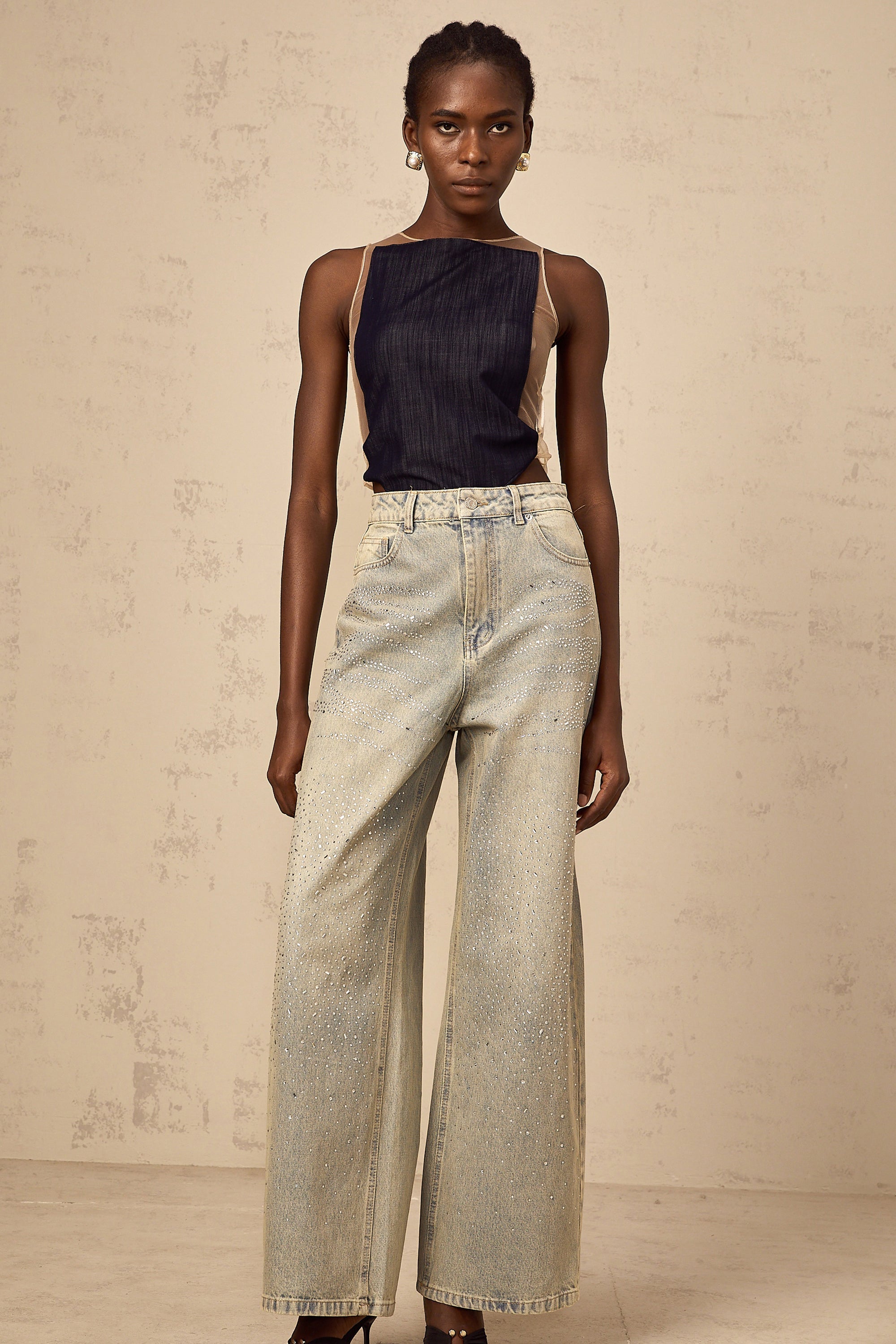 Sandrine blue denim semi-sheer bodysuit (Final Sale-US Only)