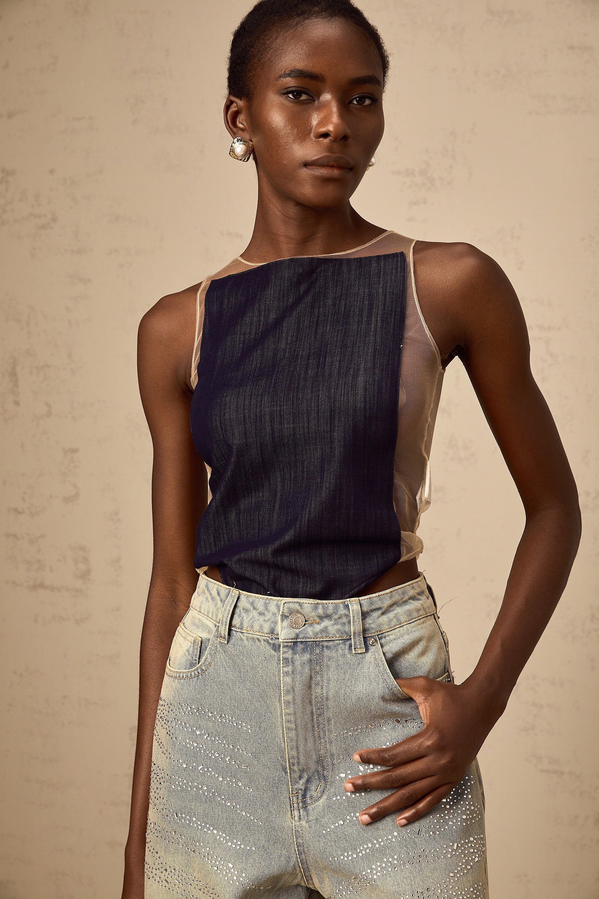 Sandrine blue denim semi-sheer bodysuit (Final Sale-US Only)