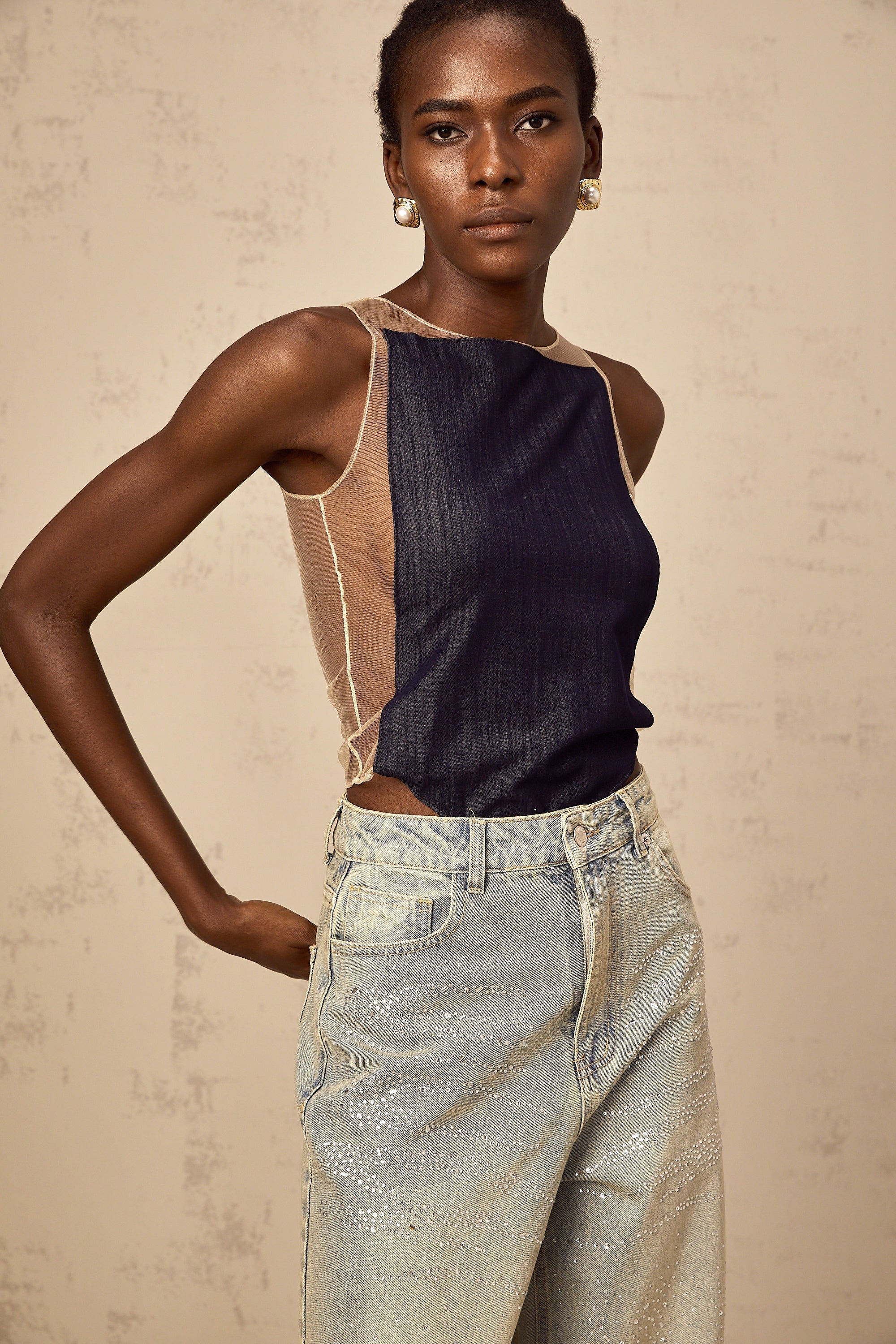 Sandrine blue denim semi-sheer bodysuit (Final Sale-US Only)