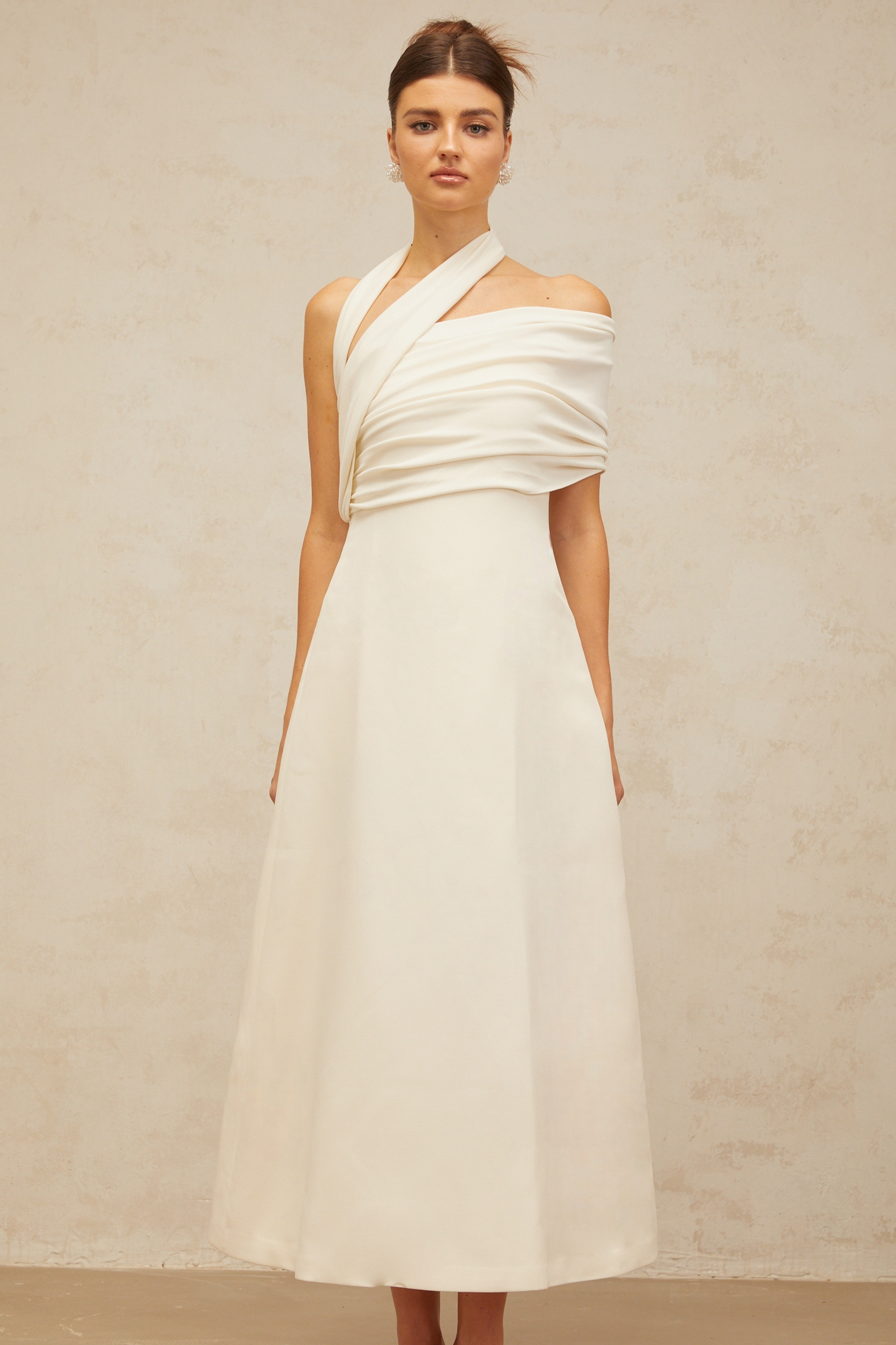Solène cream-white asymmetrical midi dress (Final Sale)