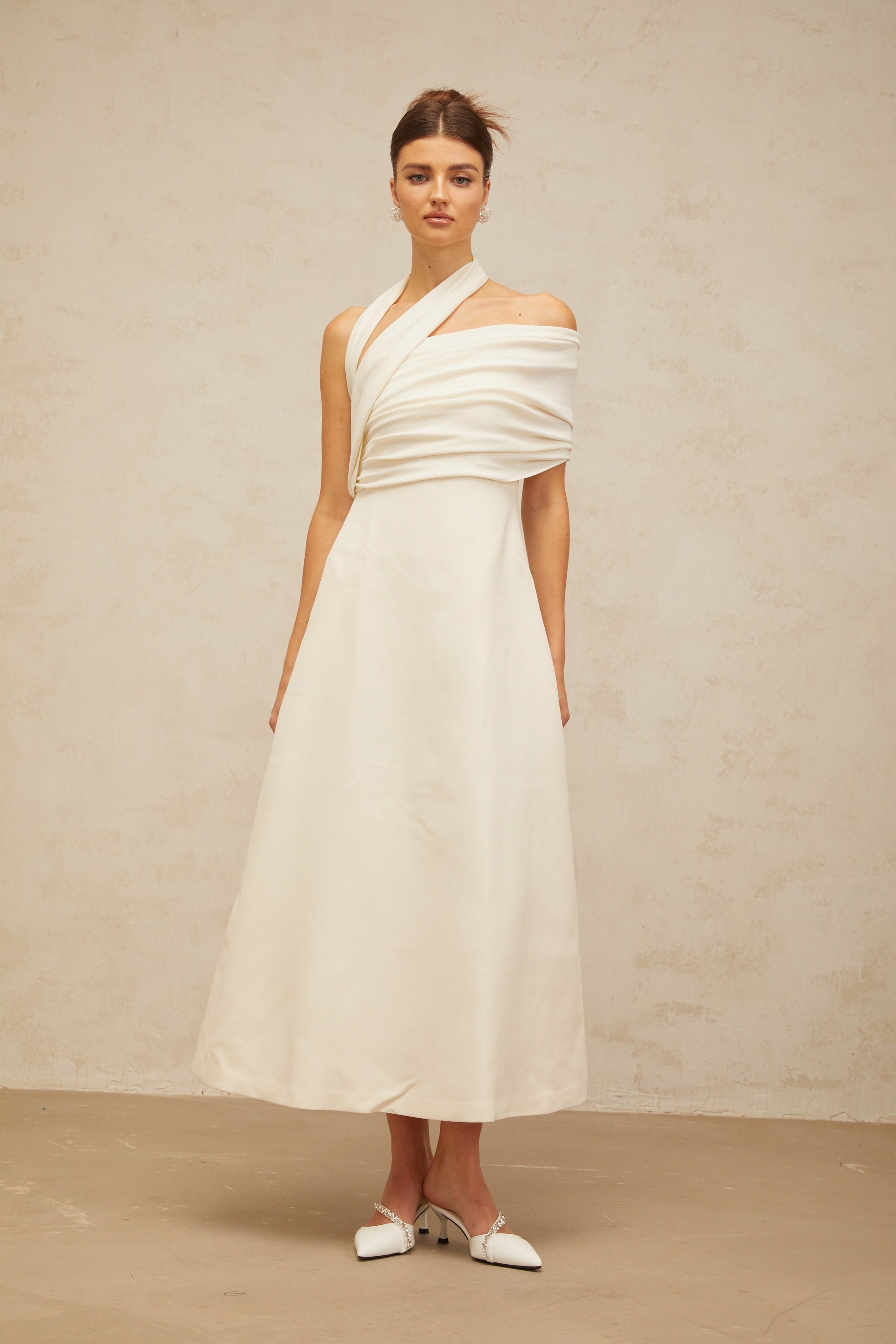 Solène cream-white asymmetrical midi dress (Final Sale)