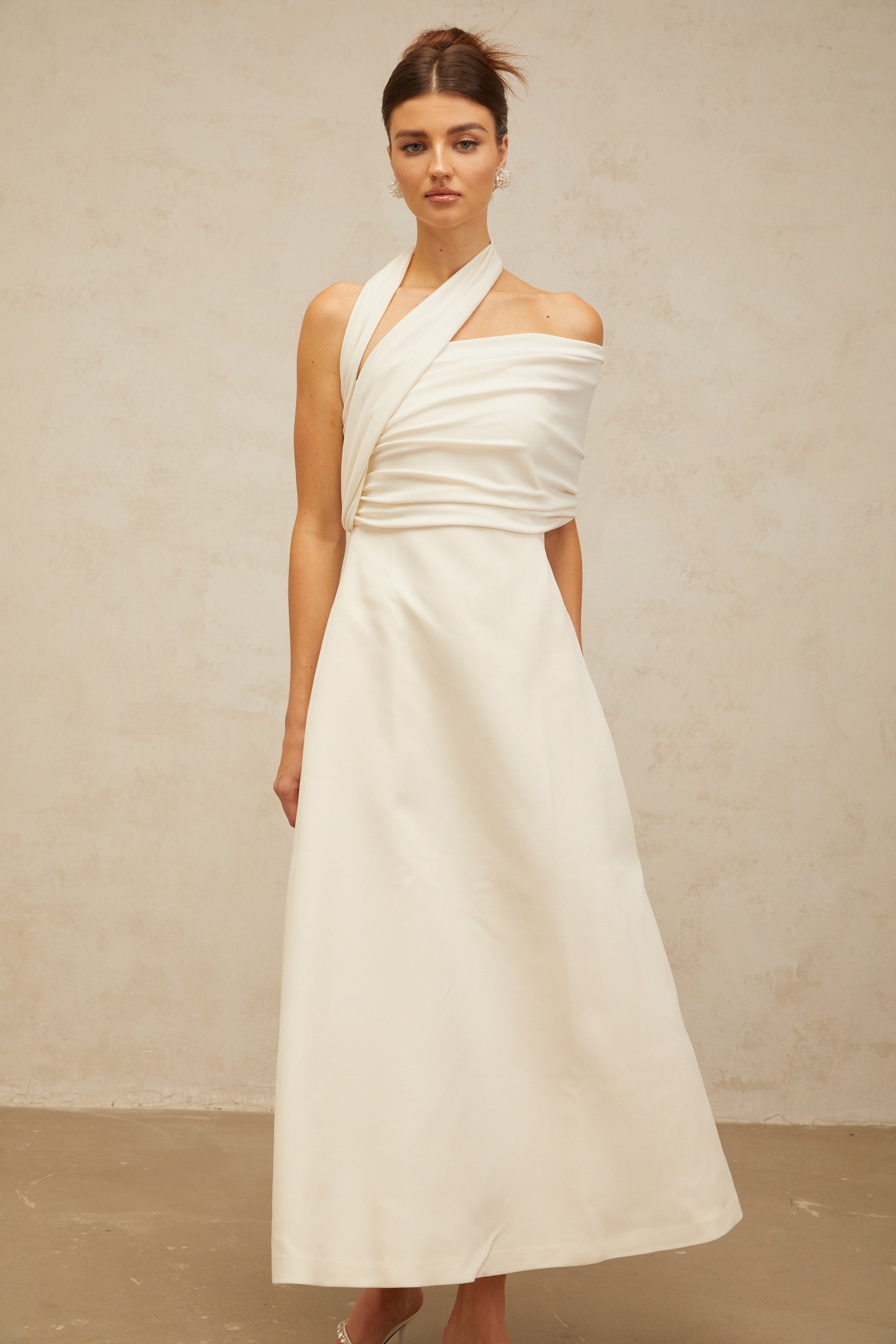 Solène cream-white asymmetrical midi dress (Final Sale)