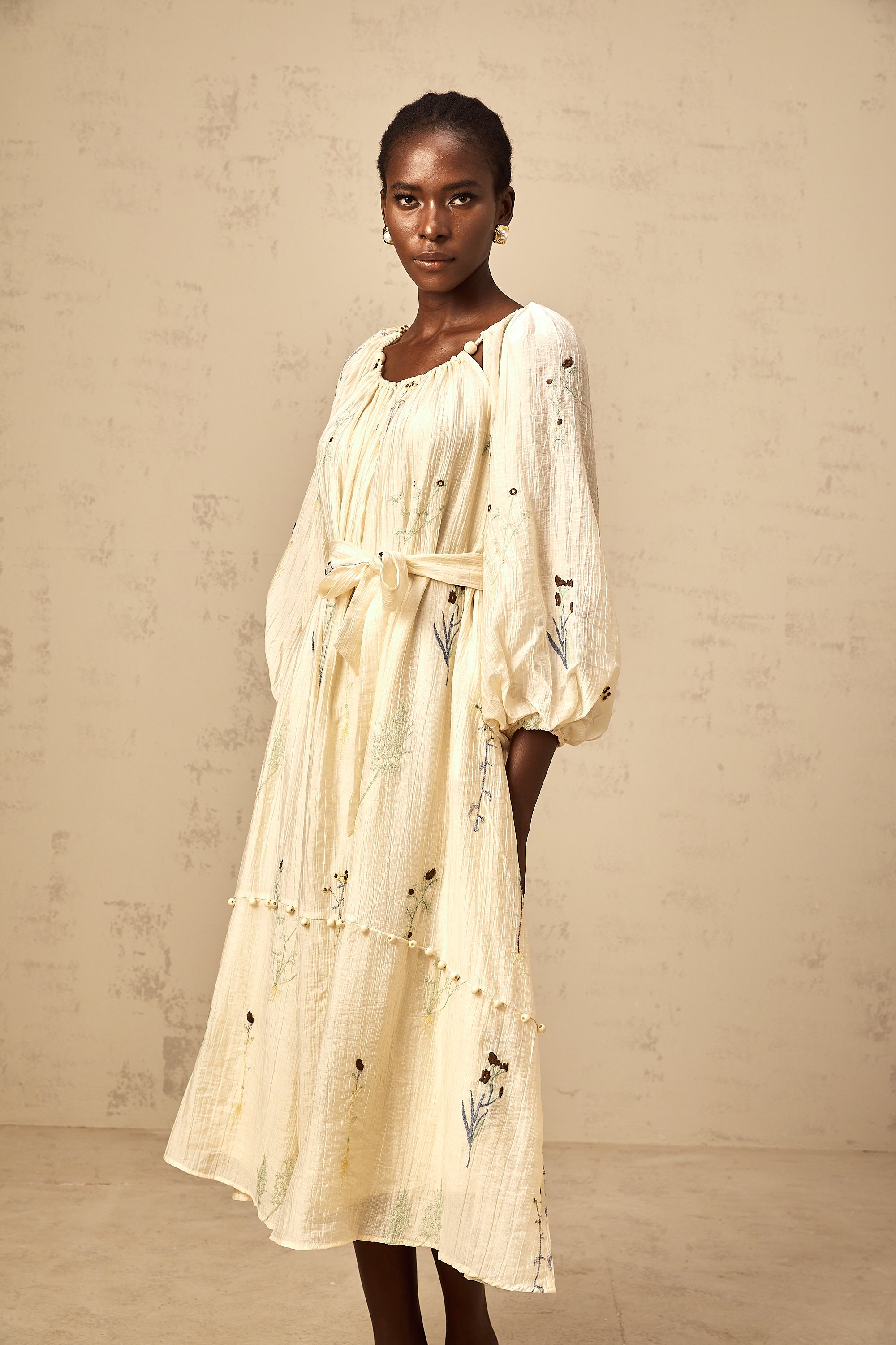 Uranie beige flower-embroidered beaded midi dress (Final Sale-US Only)