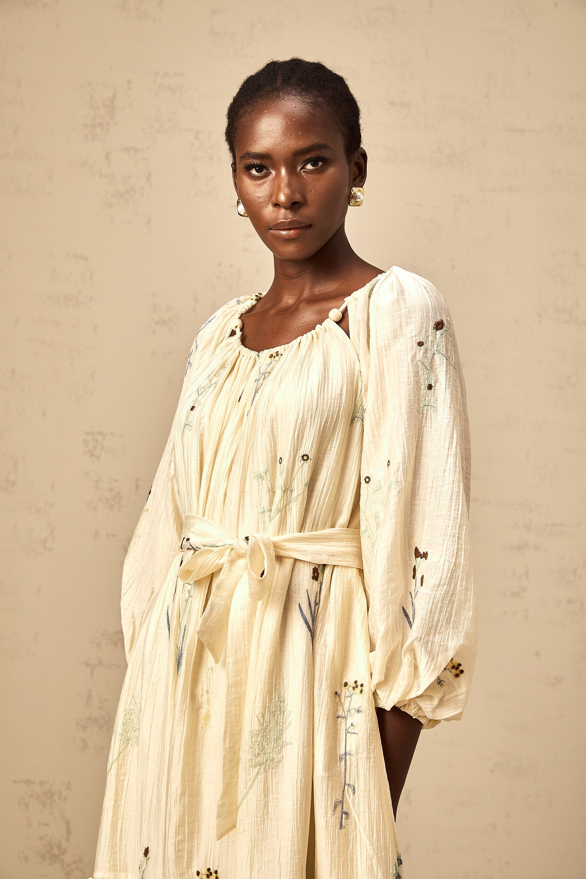 Uranie beige flower-embroidered beaded midi dress (Final Sale-US Only)