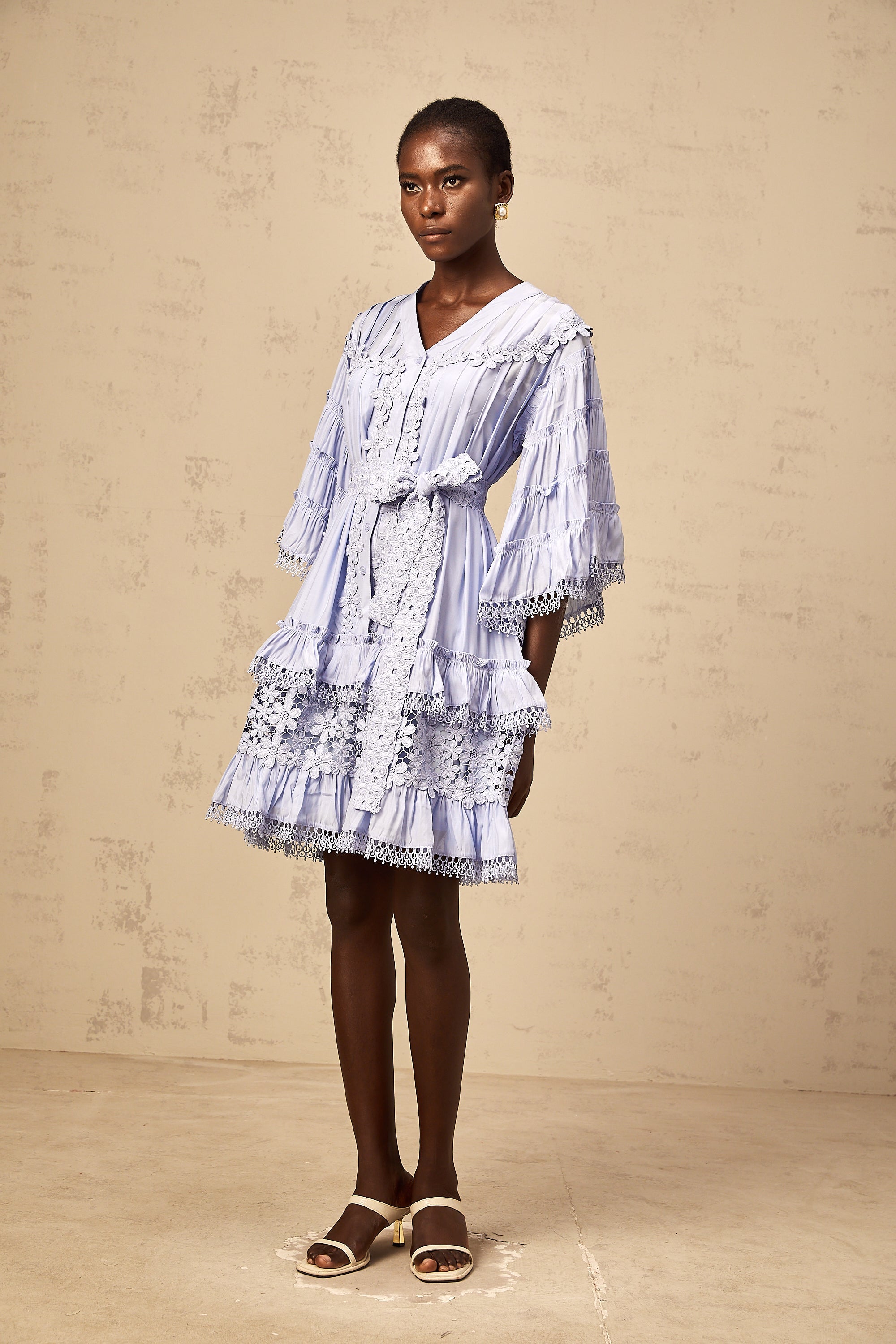 Gaëlle light-blue floral-embroidered tiered mini dress (Final Sale-US Only)