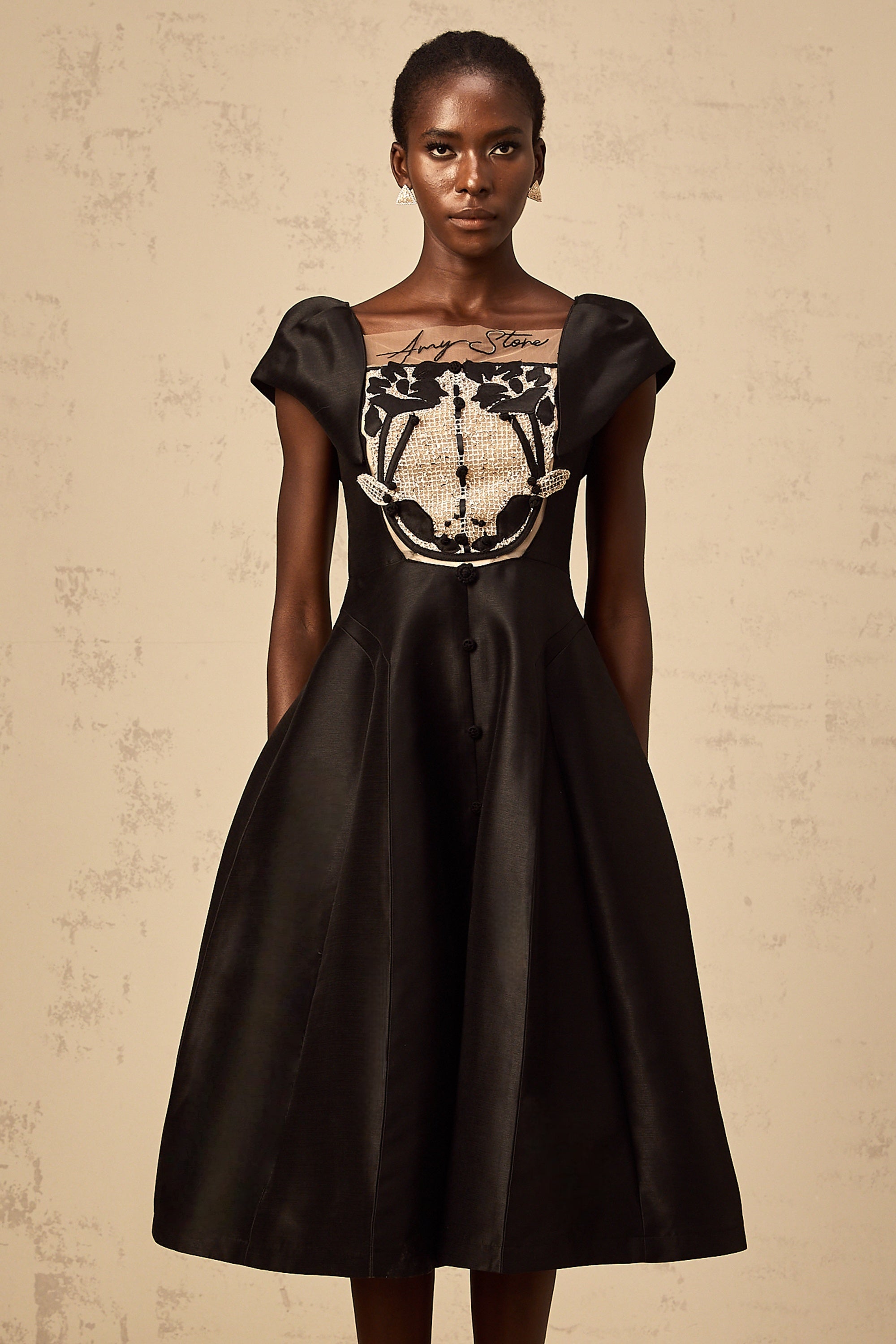 Ulrique black floral-appliqué satin midi dress